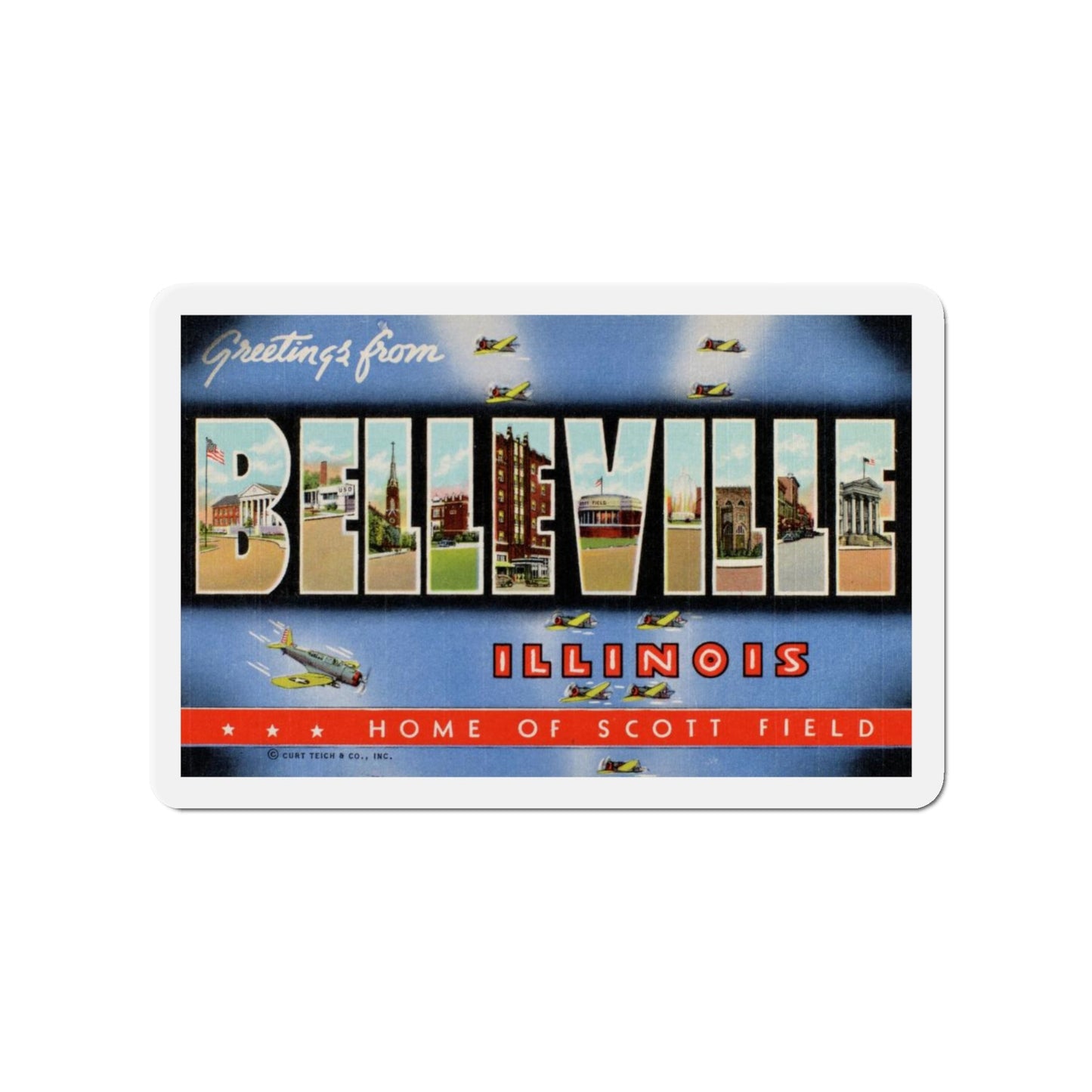 Greetings from Belleville Illinois Home of Scott Field (Greeting Postcards) Die-Cut Magnet-4" x 4"-The Sticker Space