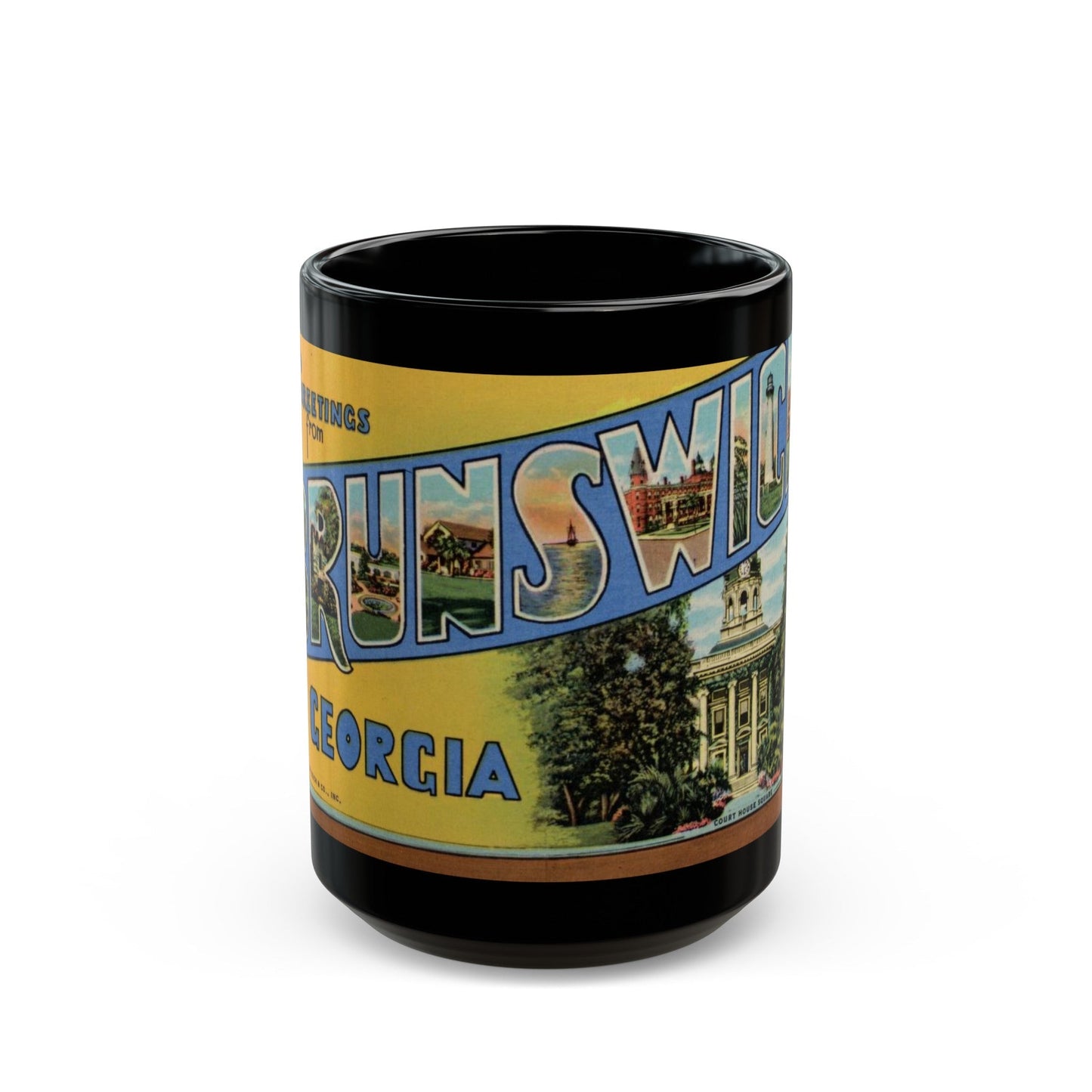 Greetings From Brunswick GA (Greeting Postcards) Black Coffee Mug-15oz-The Sticker Space