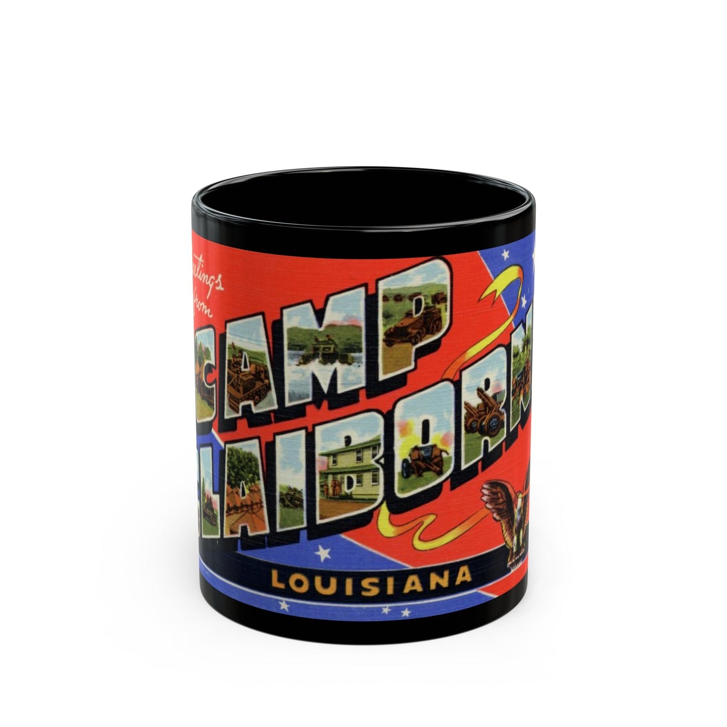 Greetings from Camp Claiborne Louisiana (Greeting Postcards) Black Coffee Mug-11oz-The Sticker Space