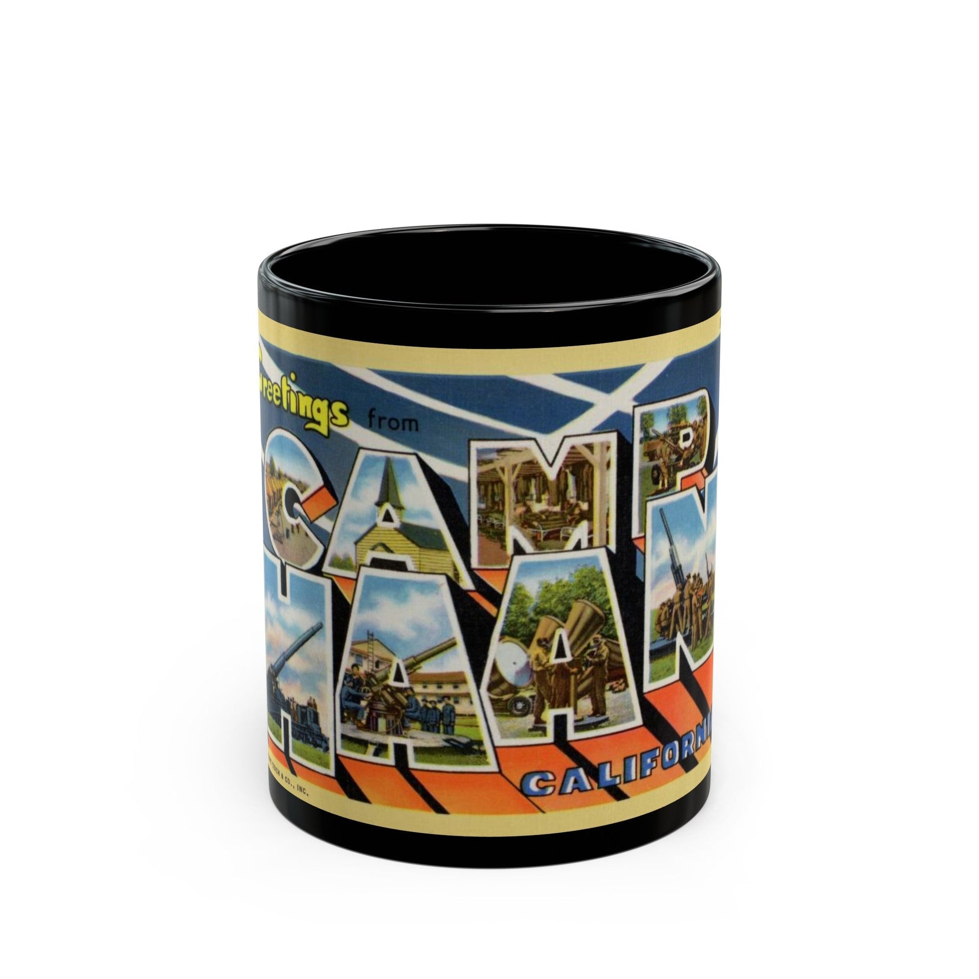 Greetings from Camp Haan California (Greeting Postcards) Black Coffee Mug-11oz-The Sticker Space