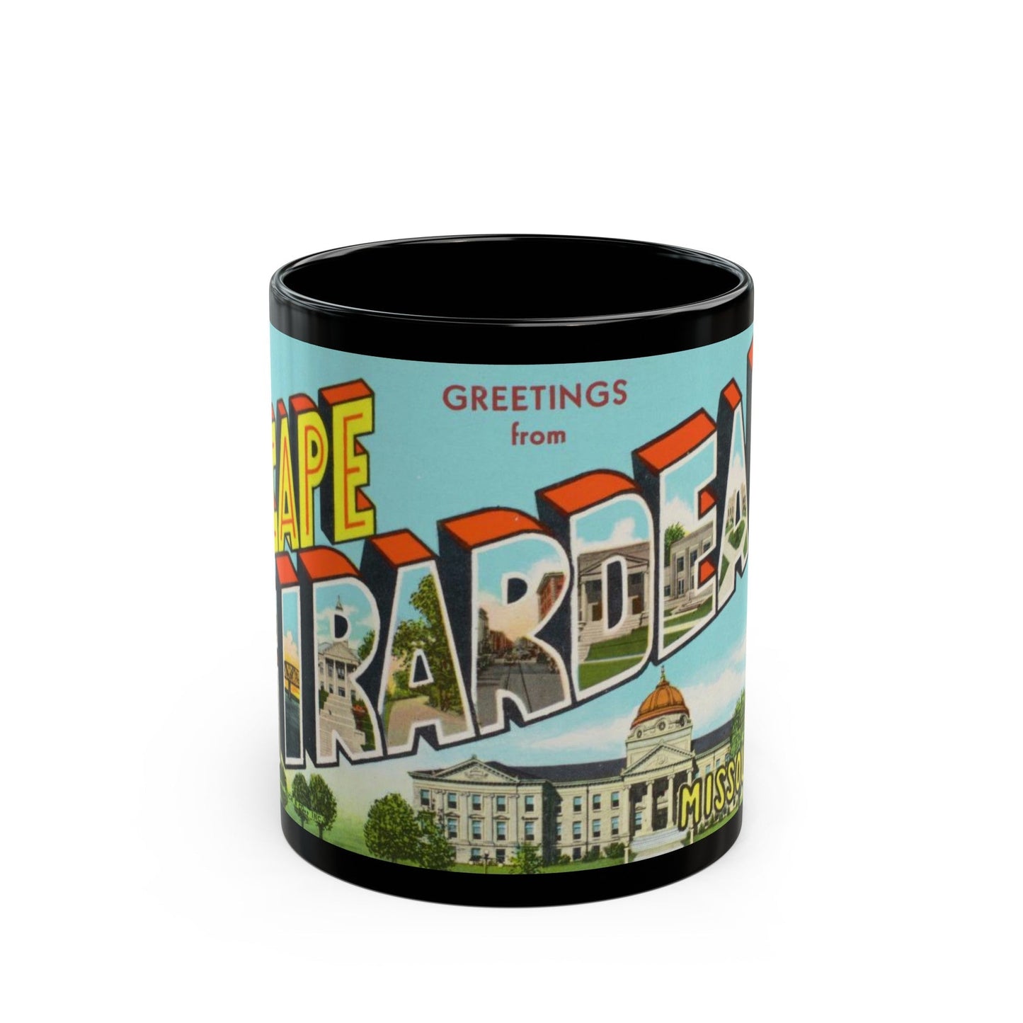 Greetings from Cape Girardeau Missouri (Greeting Postcards) Black Coffee Mug-11oz-The Sticker Space