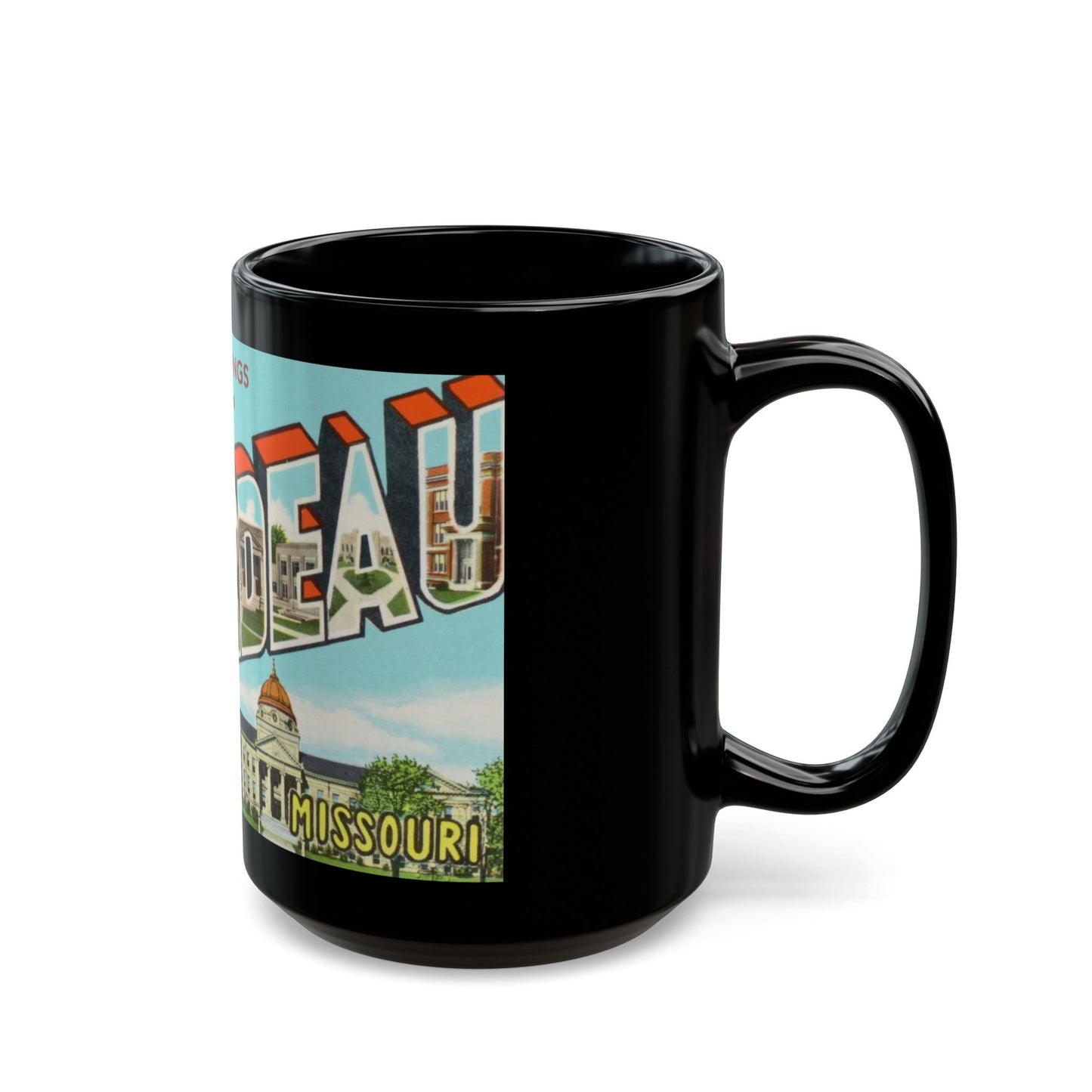 Greetings from Cape Girardeau Missouri (Greeting Postcards) Black Coffee Mug-The Sticker Space