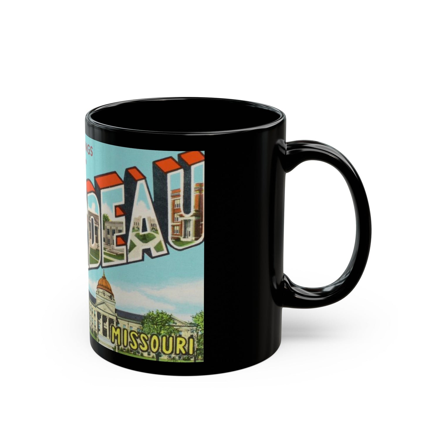 Greetings from Cape Girardeau Missouri (Greeting Postcards) Black Coffee Mug-The Sticker Space