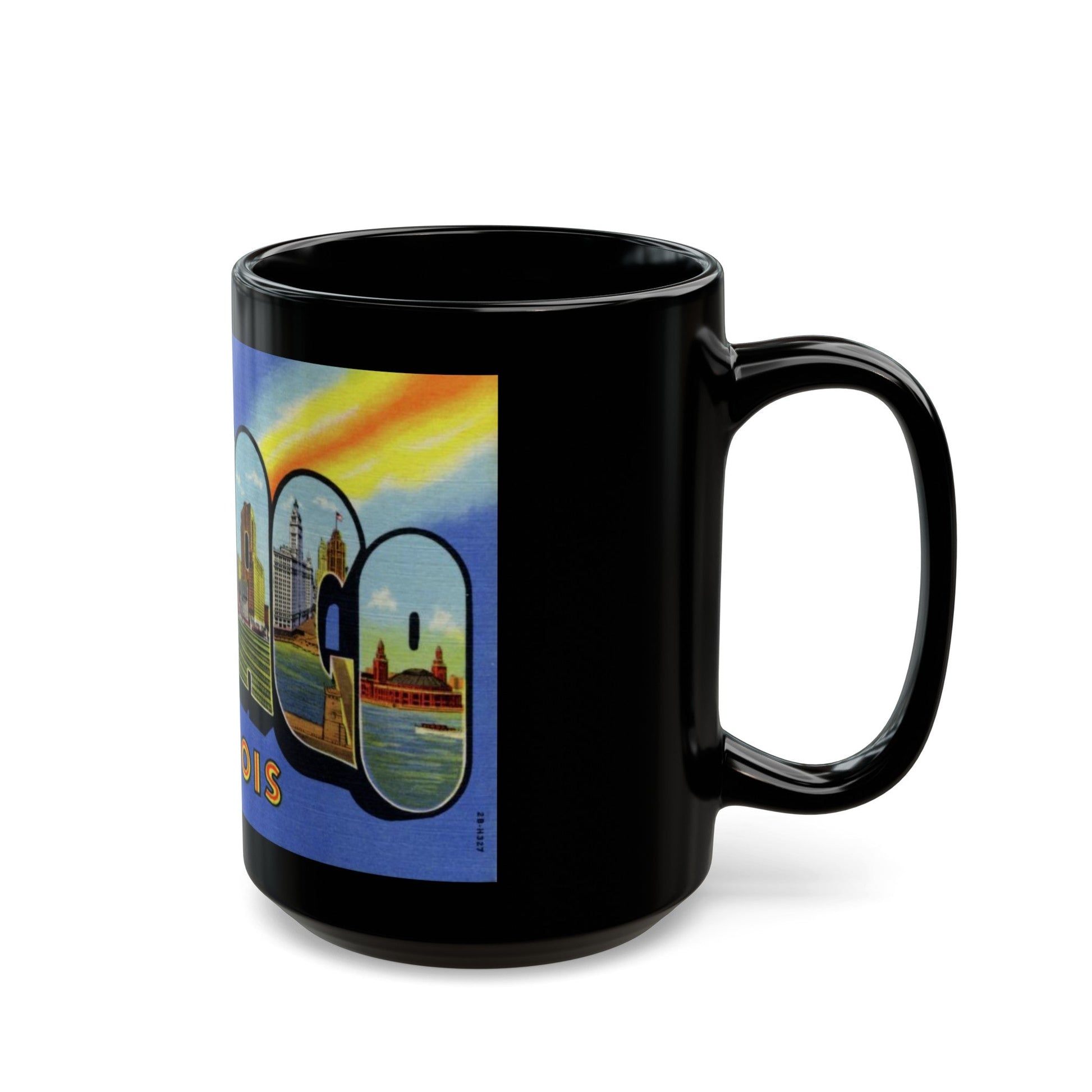 Greetings from Chicago Illinois (Greeting Postcards) Black Coffee Mug-The Sticker Space