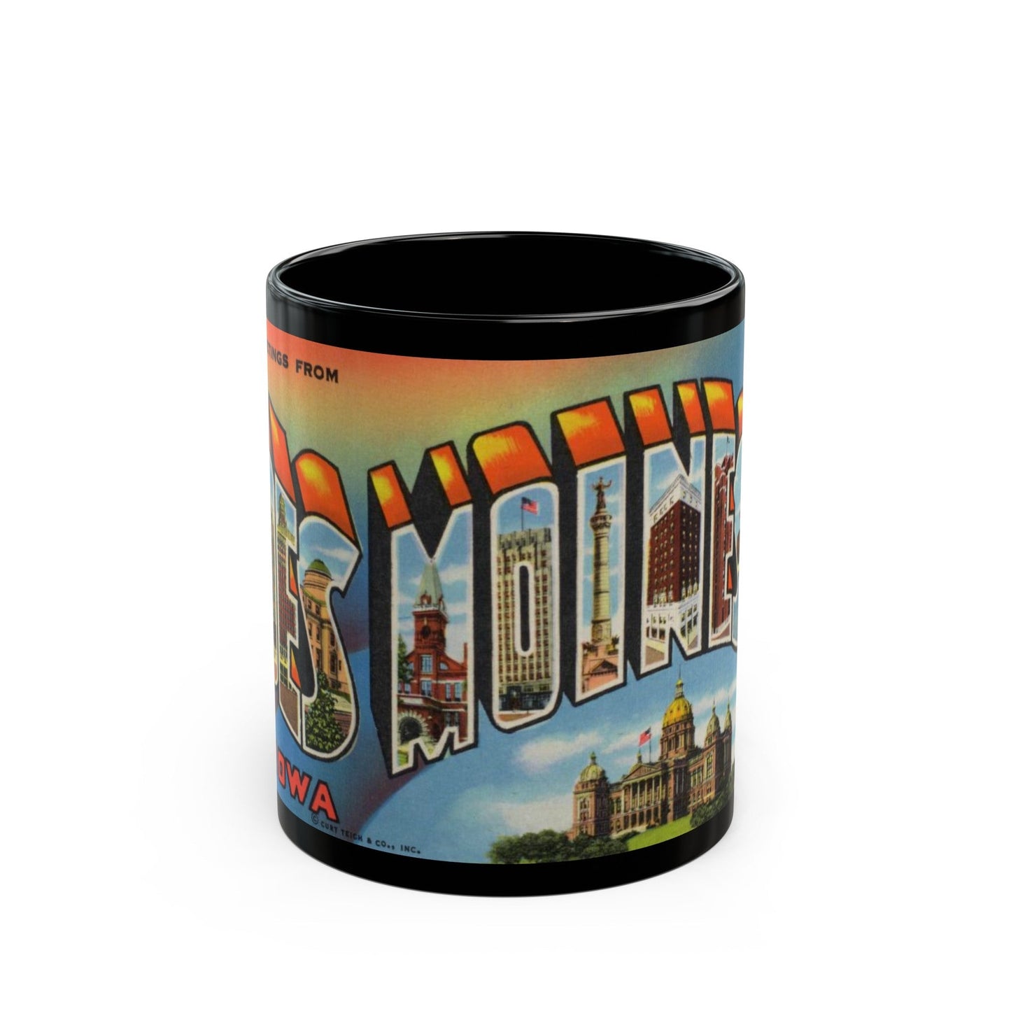 Greetings from Des Moines (Greeting Postcards) Black Coffee Mug-11oz-The Sticker Space