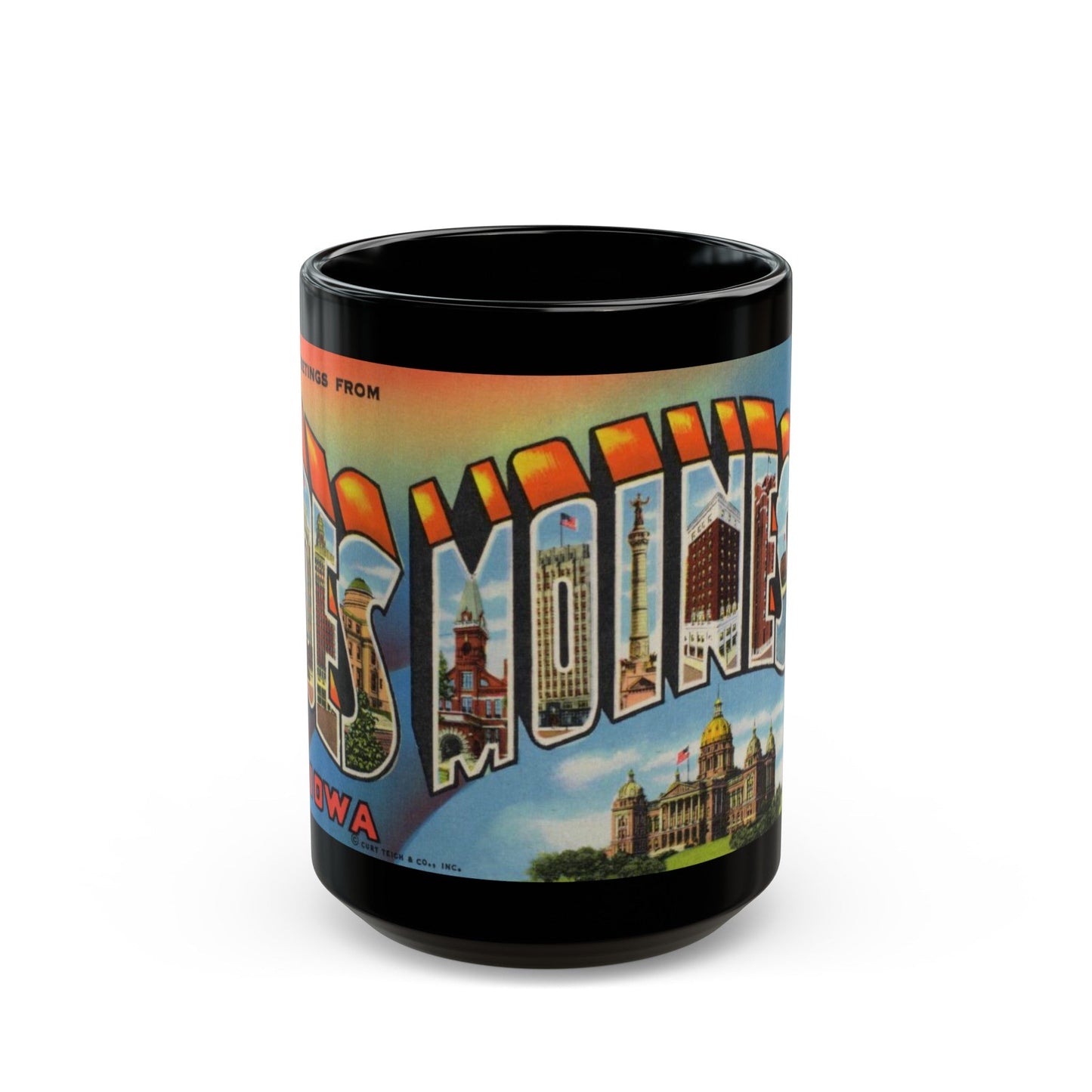 Greetings from Des Moines (Greeting Postcards) Black Coffee Mug-15oz-The Sticker Space