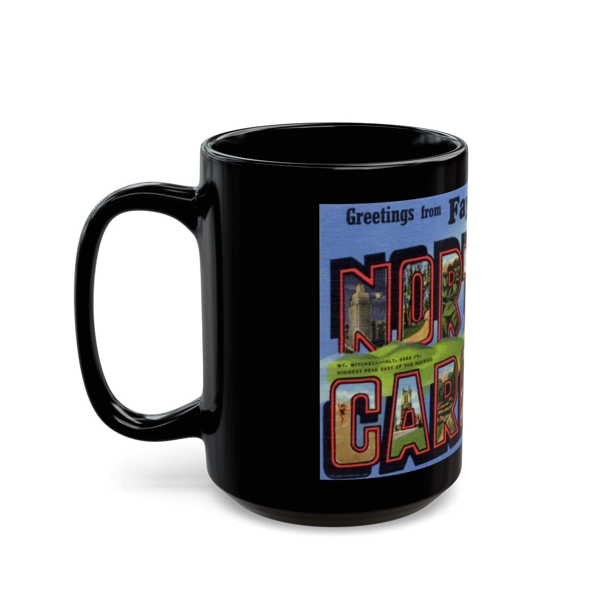 Greetings from Fayetteville North Carolina (Greeting Postcards) Black Coffee Mug-The Sticker Space