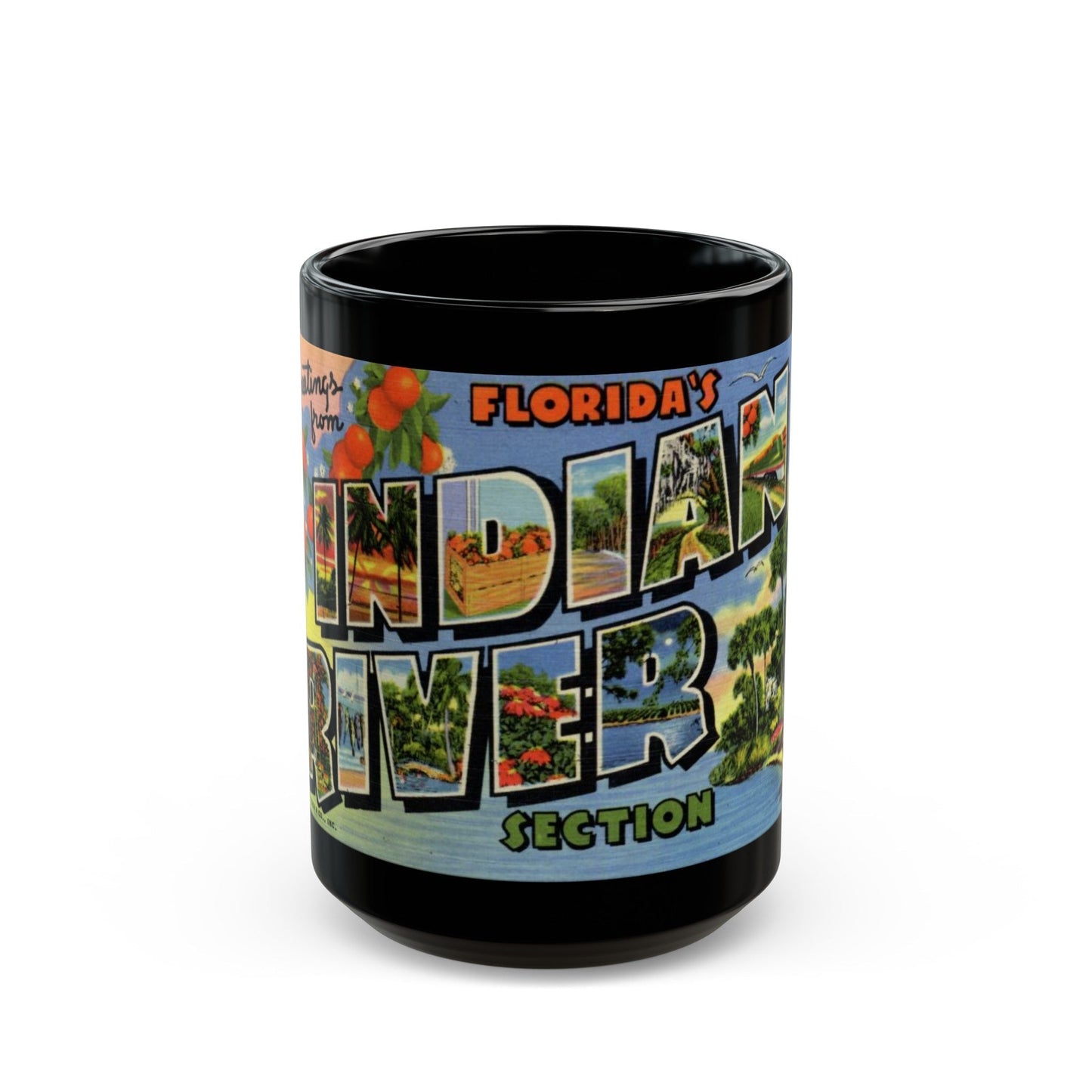 Greetings from Floridas Indian River section (Greeting Postcards) Black Coffee Mug-15oz-The Sticker Space