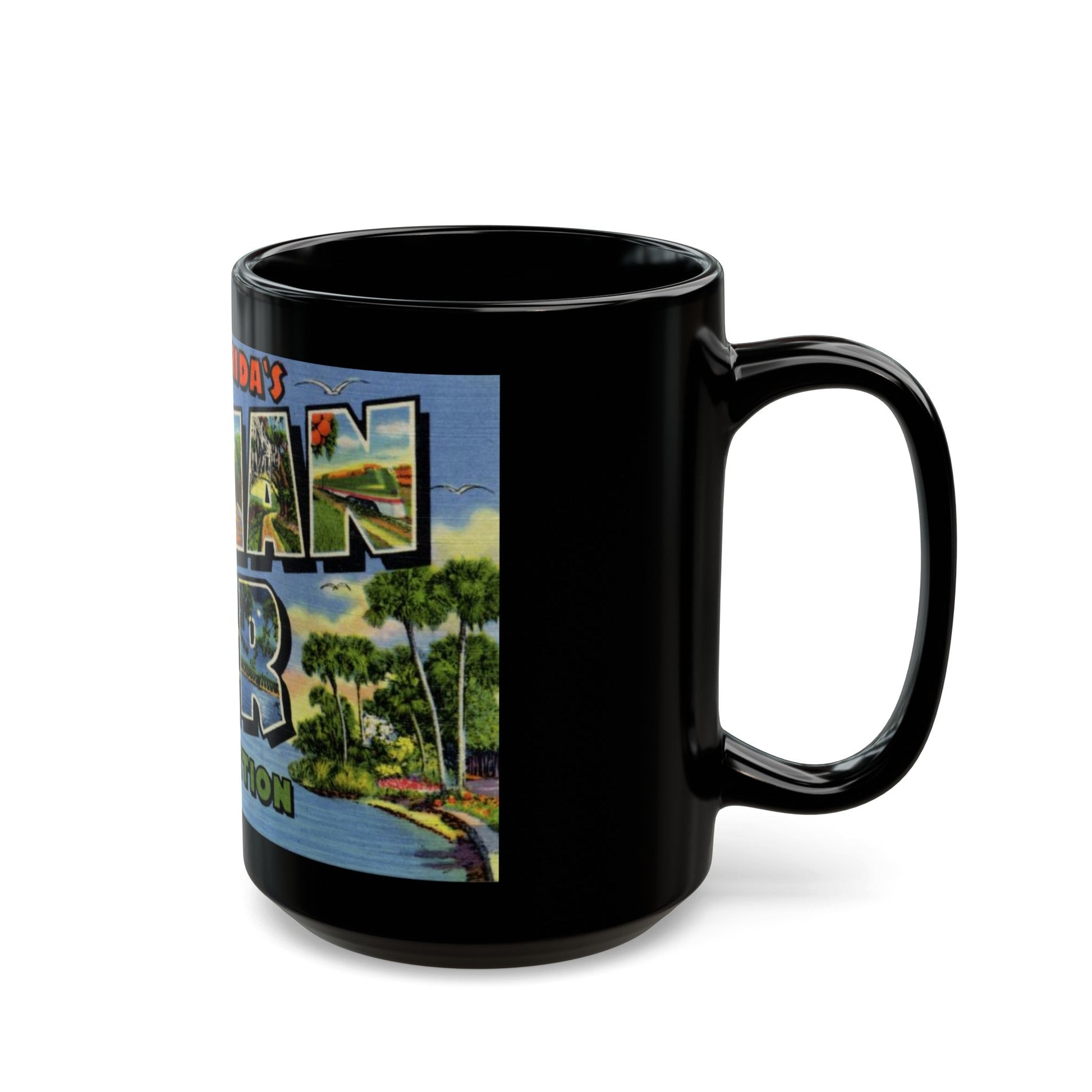 Greetings from Floridas Indian River section (Greeting Postcards) Black Coffee Mug-The Sticker Space