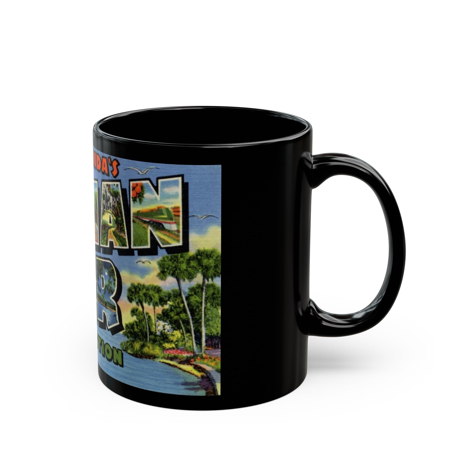 Greetings from Floridas Indian River section (Greeting Postcards) Black Coffee Mug-The Sticker Space