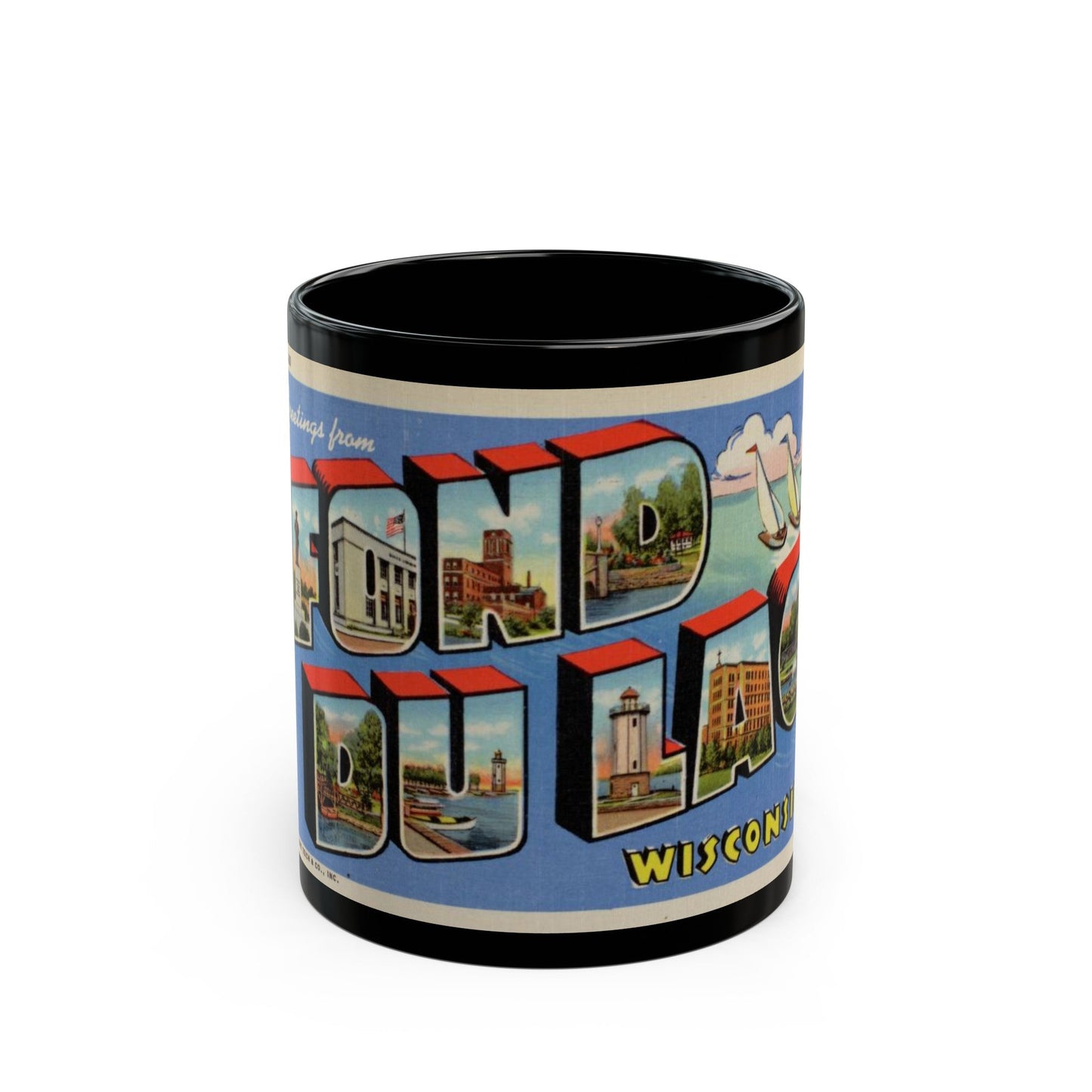 Greetings from Fond du Lac Wisconsin (Greeting Postcards) Black Coffee Mug-11oz-The Sticker Space