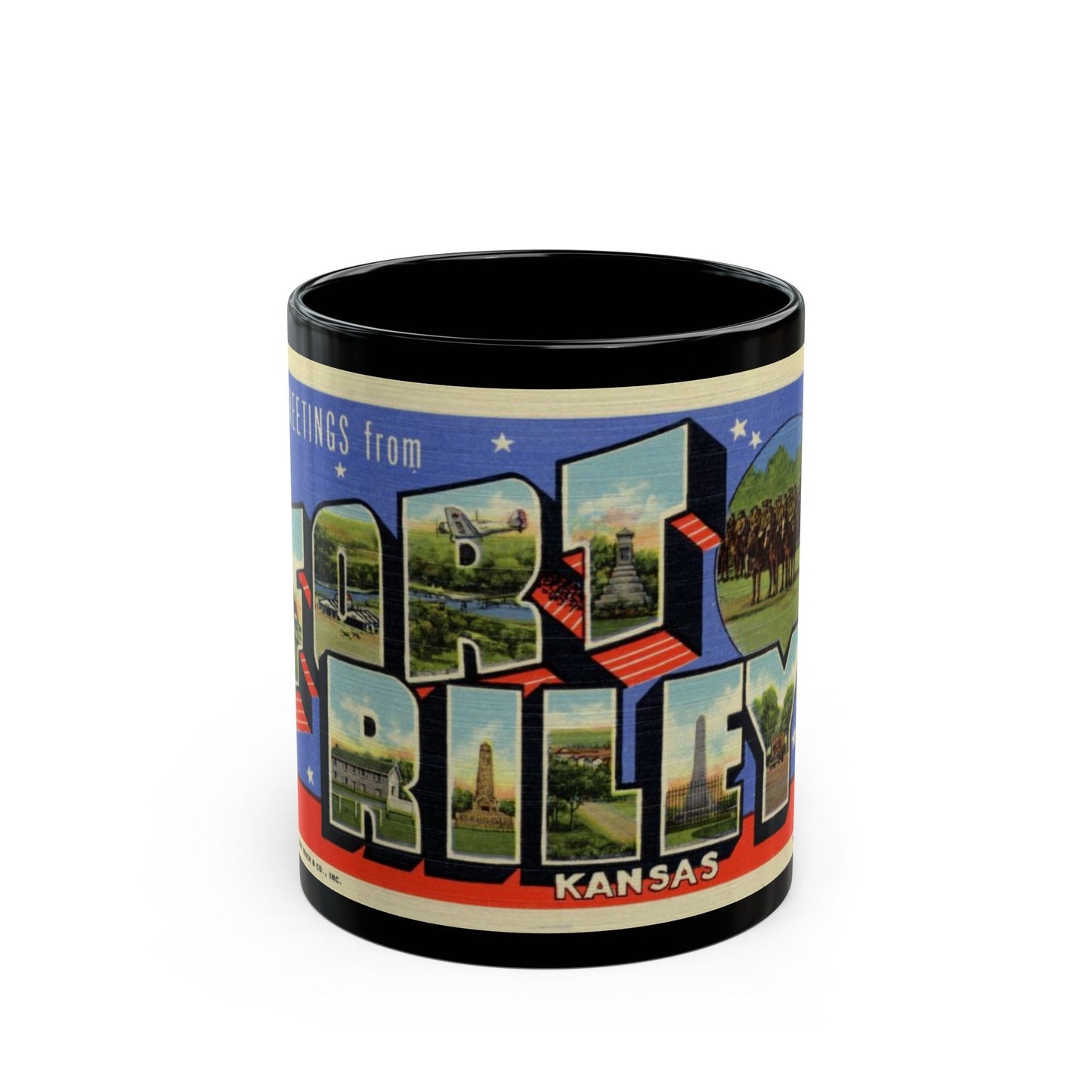 Greetings from Fort Riley Kansas (Greeting Postcards) Black Coffee Mug-11oz-The Sticker Space