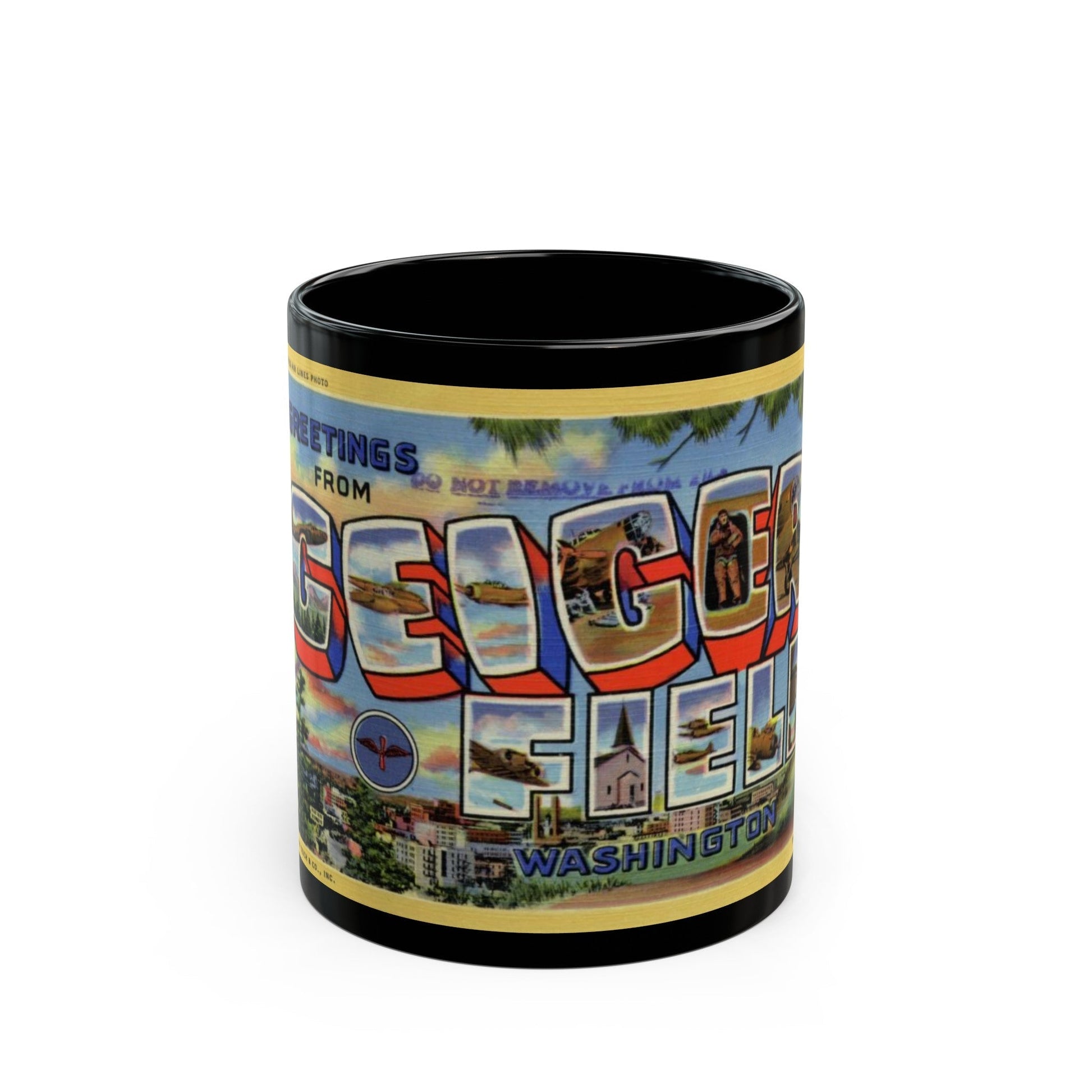 Greetings from Geiger Field Washington (Greeting Postcards) Black Coffee Mug-11oz-The Sticker Space