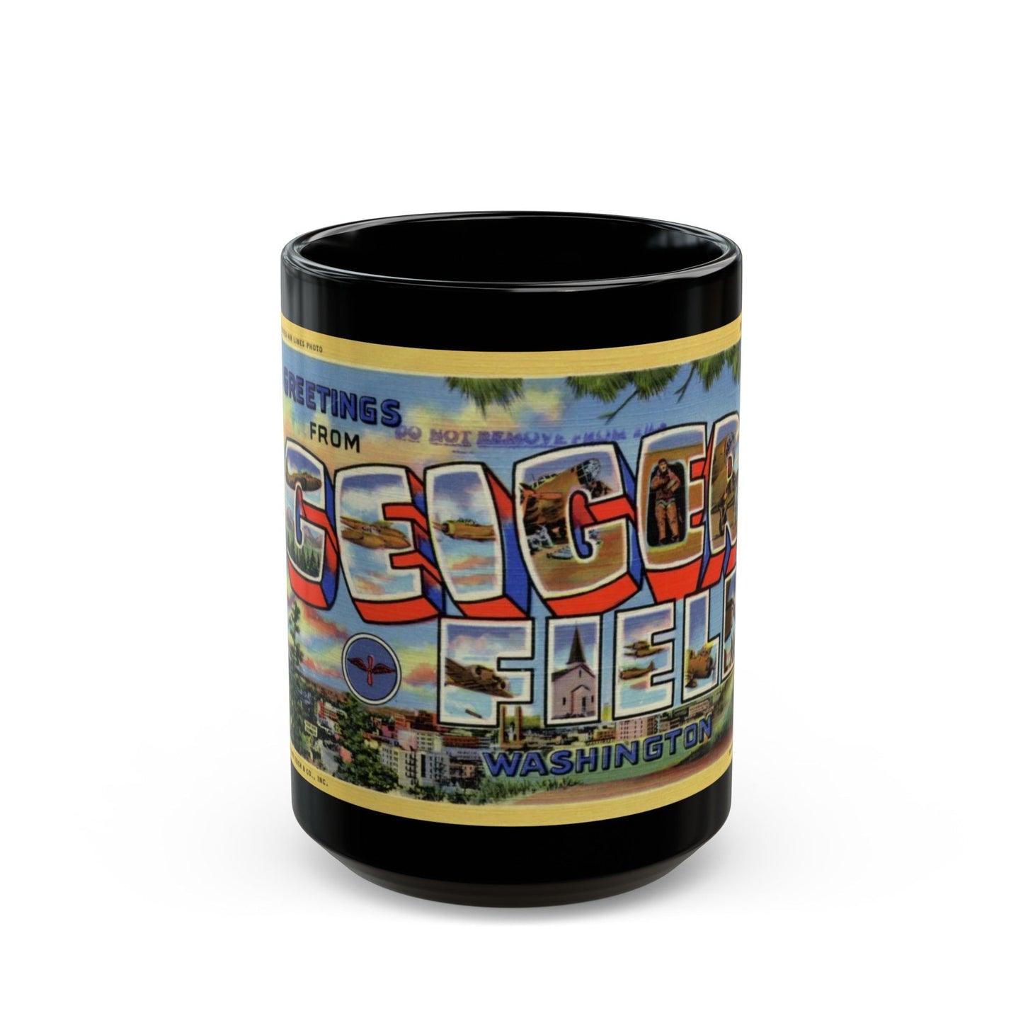 Greetings from Geiger Field Washington (Greeting Postcards) Black Coffee Mug-15oz-The Sticker Space