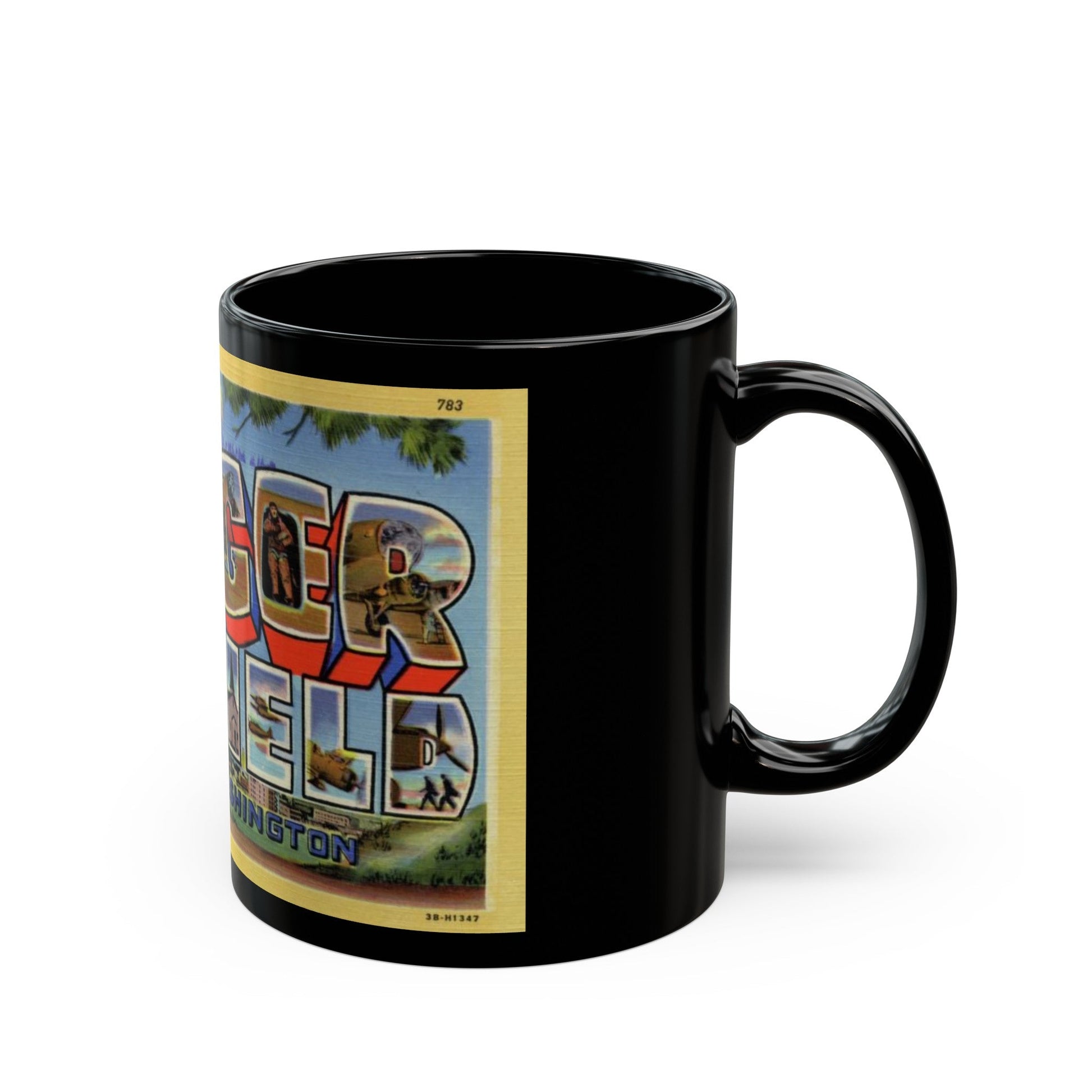 Greetings from Geiger Field Washington (Greeting Postcards) Black Coffee Mug-The Sticker Space