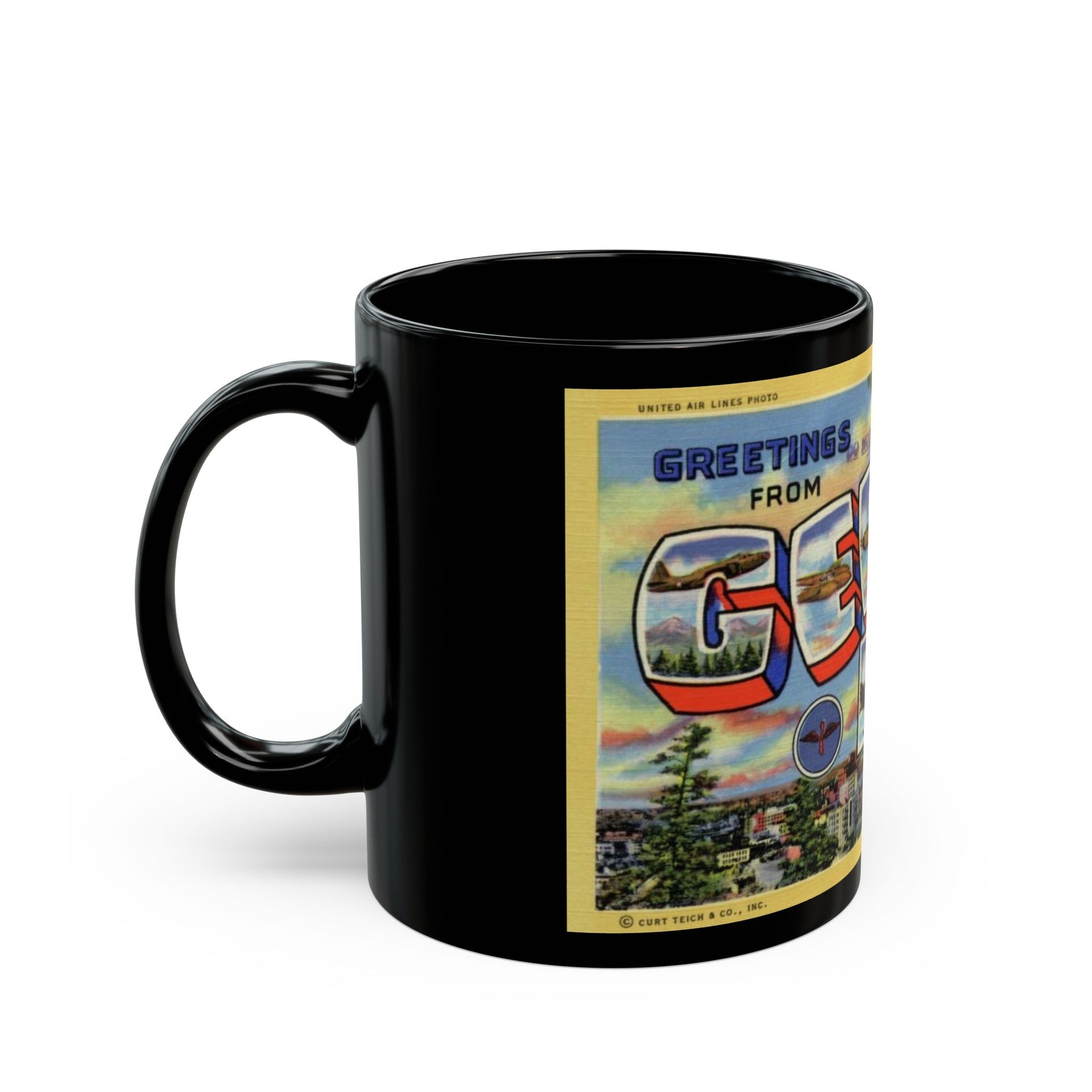 Greetings from Geiger Field Washington (Greeting Postcards) Black Coffee Mug-The Sticker Space