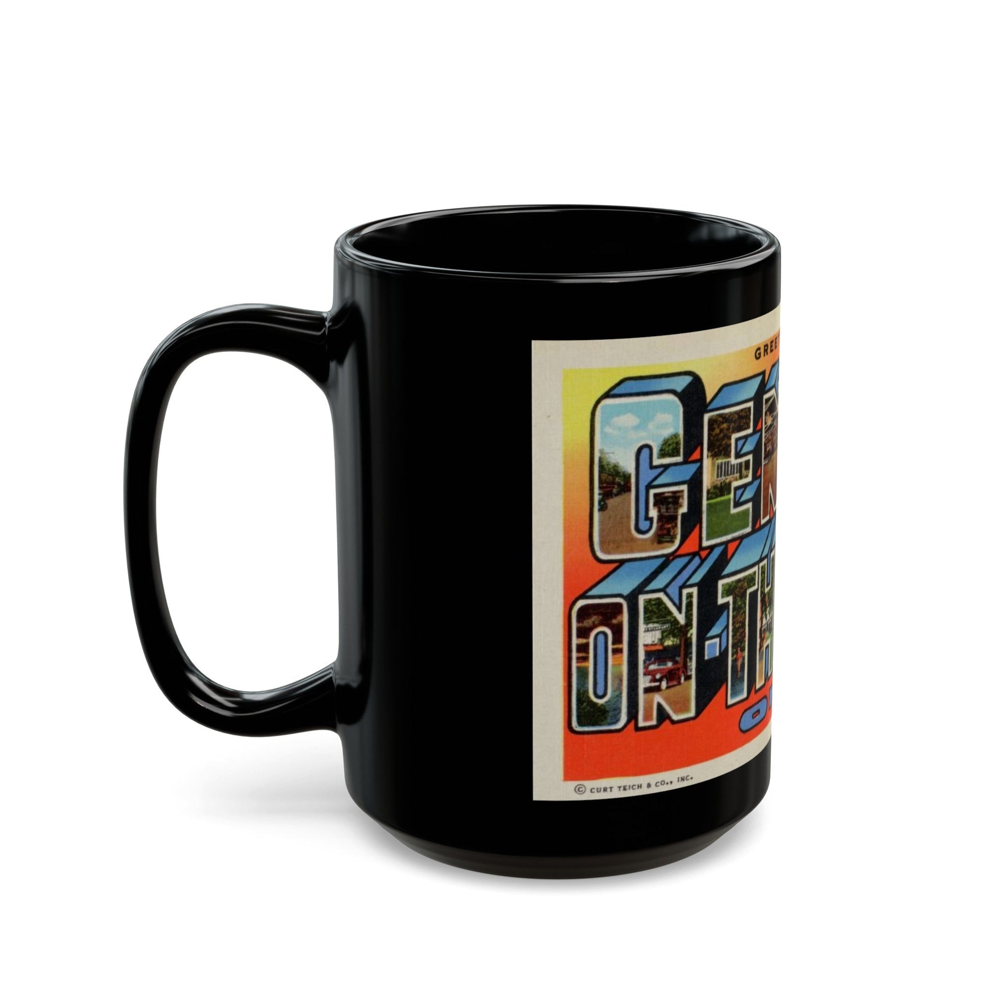 Greetings from Geneva on the Lake Ohio (Greeting Postcards) Black Coffee Mug-The Sticker Space