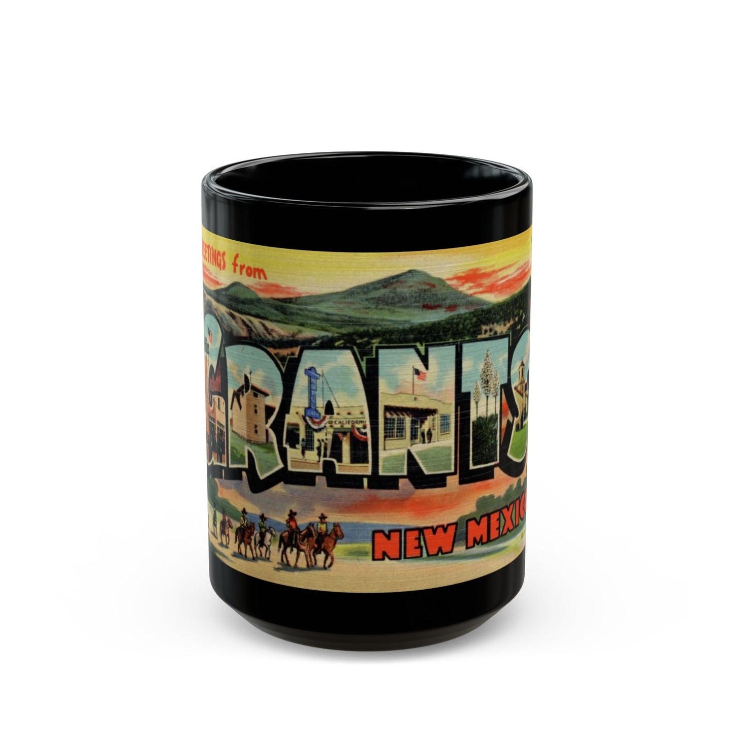 Greetings from Grants New Mexico (Greeting Postcards) Black Coffee Mug-15oz-The Sticker Space