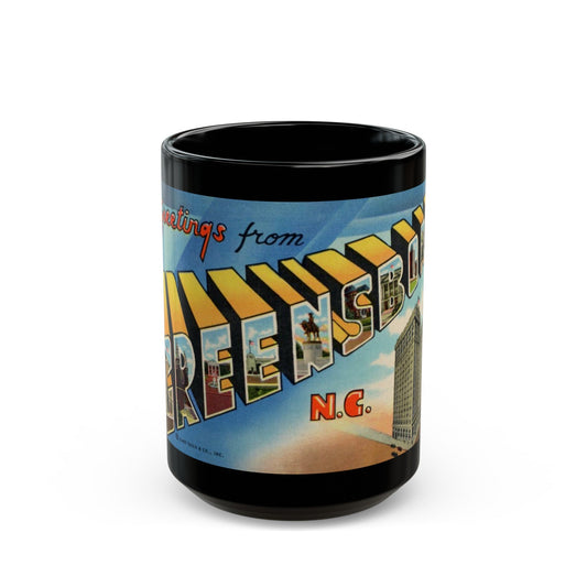 Greetings from Greensboro NC (Greeting Postcards) Black Coffee Mug-15oz-The Sticker Space