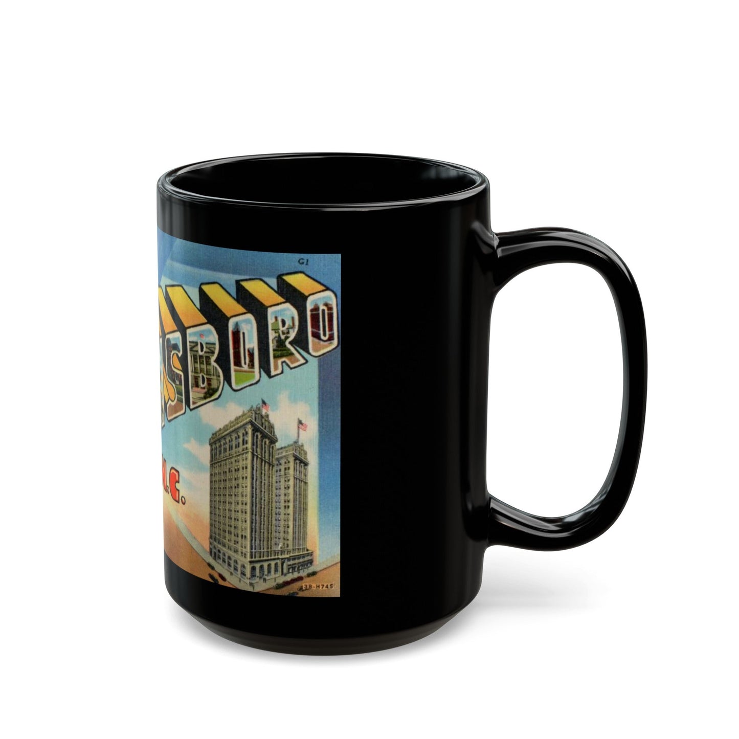 Greetings from Greensboro NC (Greeting Postcards) Black Coffee Mug-The Sticker Space