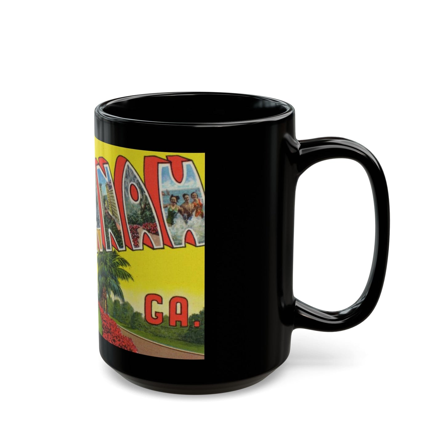 Greetings from historic Savannah Ga (Greeting Postcards) Black Coffee Mug-The Sticker Space