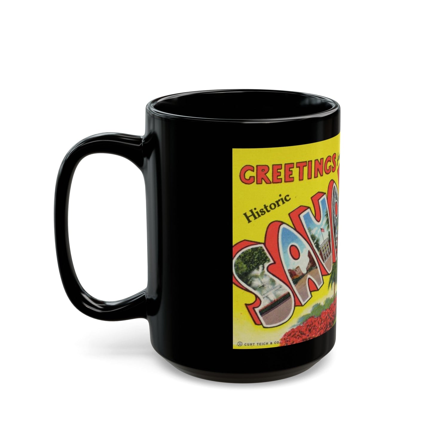 Greetings from historic Savannah Ga (Greeting Postcards) Black Coffee Mug-The Sticker Space