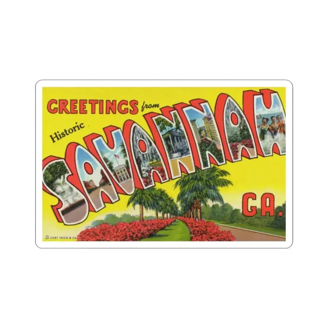 Greetings from historic Savannah Ga (Greeting Postcards) STICKER Vinyl Kiss-Cut Decal 3 Inch White - The Sticker Space