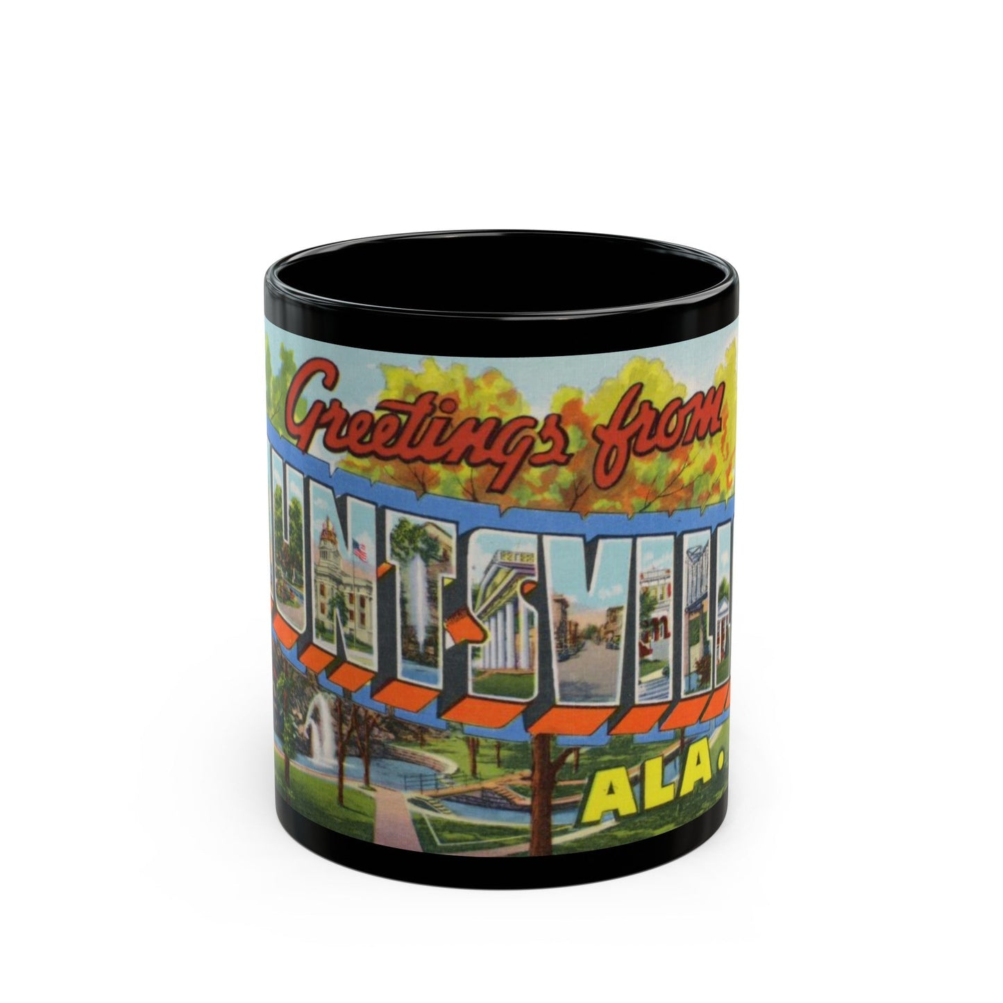 Greetings from Huntsville Ala (Greeting Postcards) Black Coffee Mug-11oz-The Sticker Space