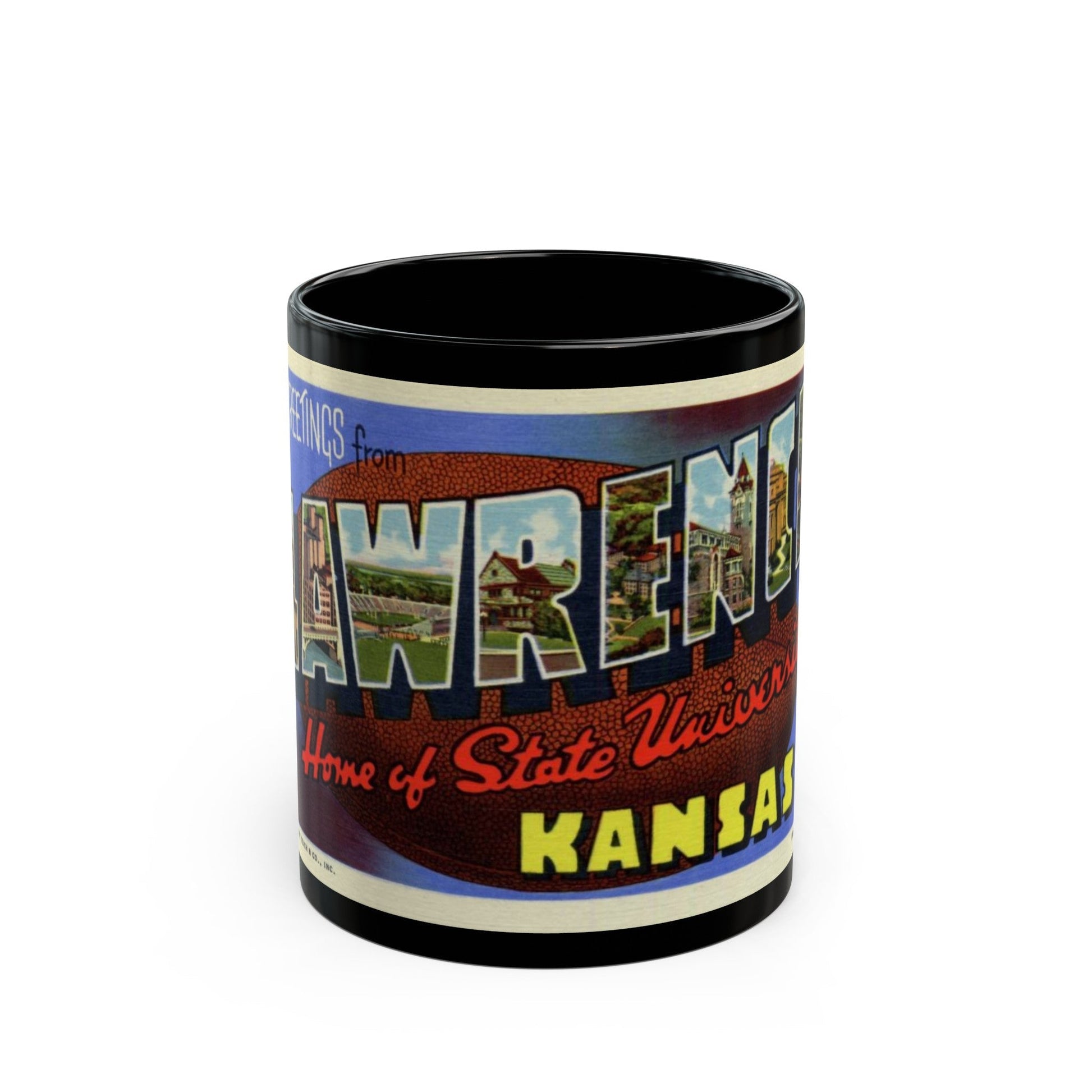 Greetings from Lawrence Home of State University Kansas (Greeting Postcards) Black Coffee Mug-11oz-The Sticker Space