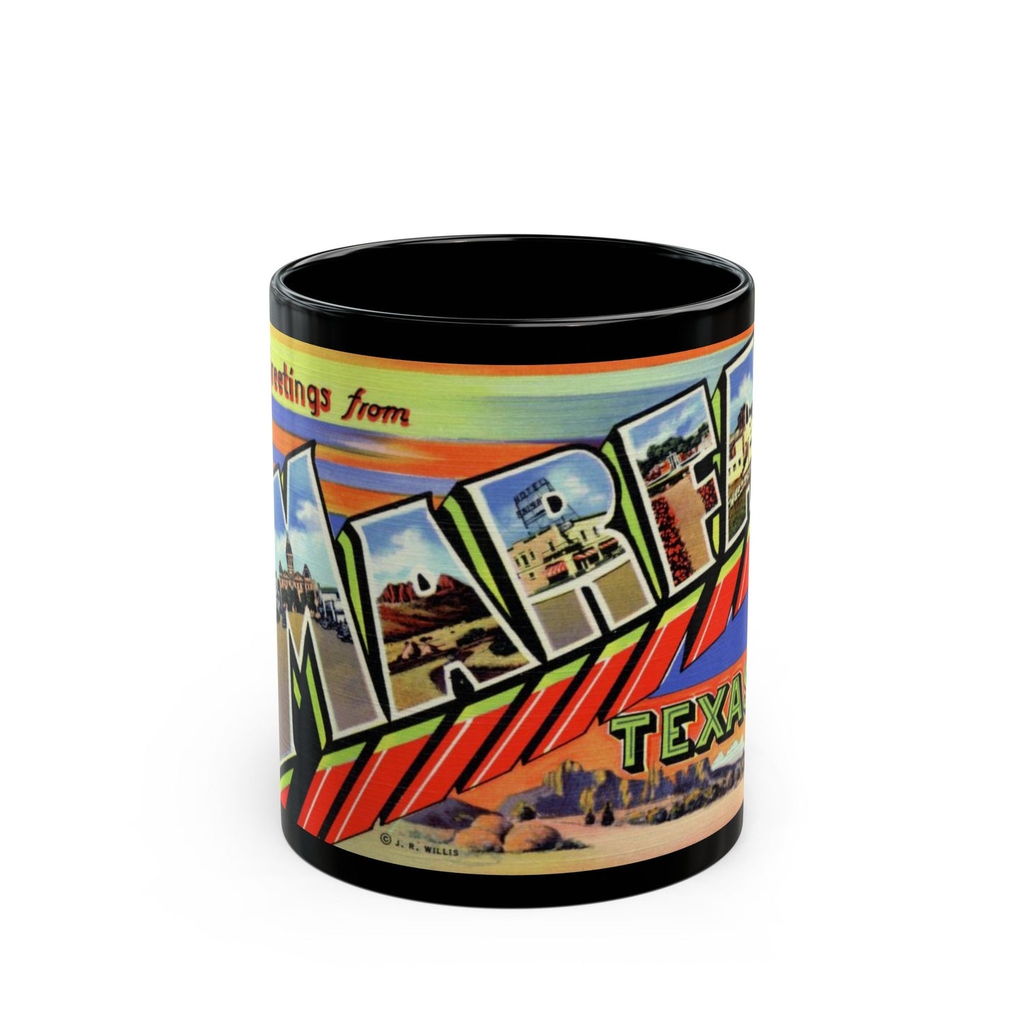 Greetings from Marfa Texas (Greeting Postcards) Black Coffee Mug-11oz-The Sticker Space