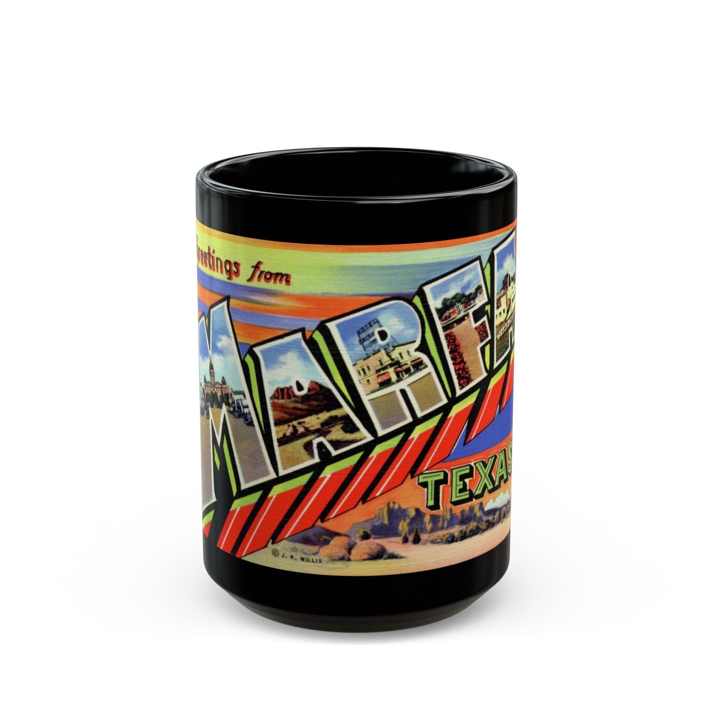 Greetings from Marfa Texas (Greeting Postcards) Black Coffee Mug-15oz-The Sticker Space