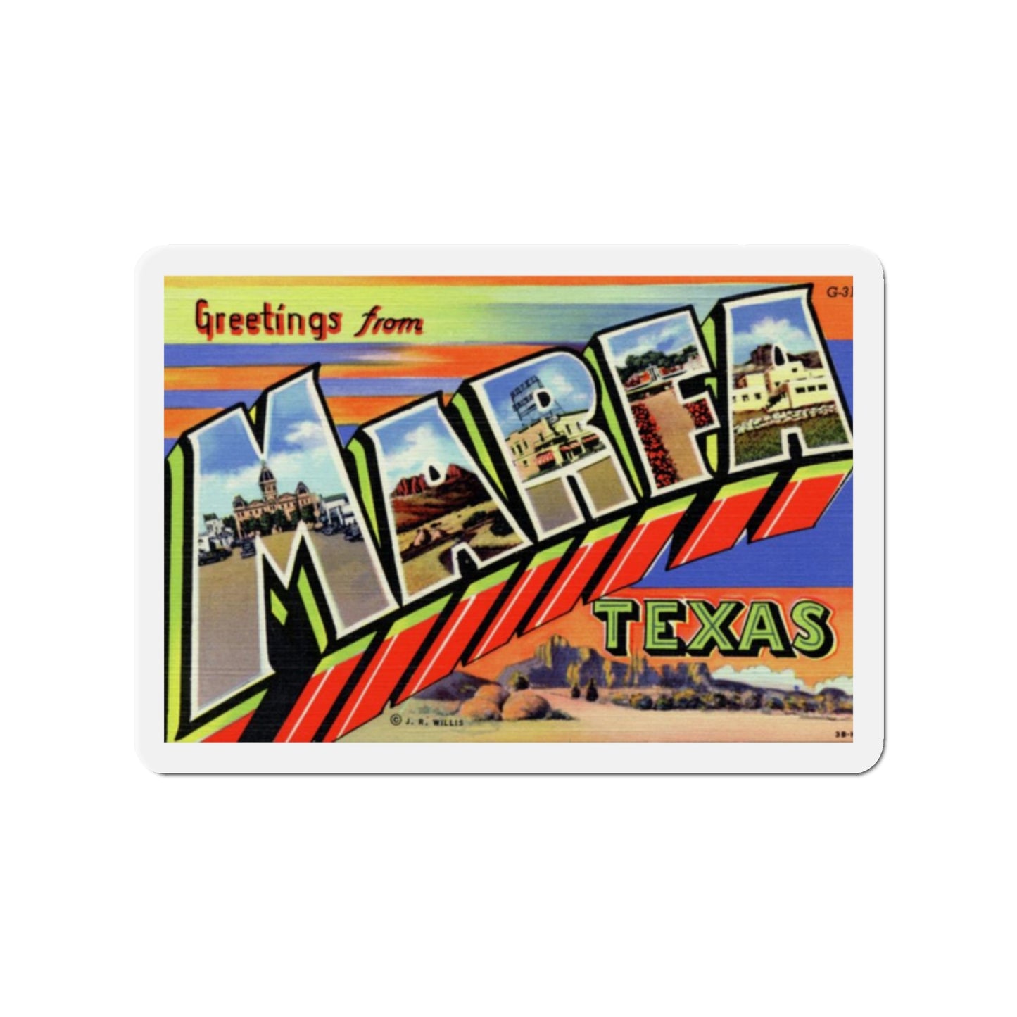 Greetings from Marfa Texas (Greeting Postcards) Die-Cut Magnet-2" x 2"-The Sticker Space