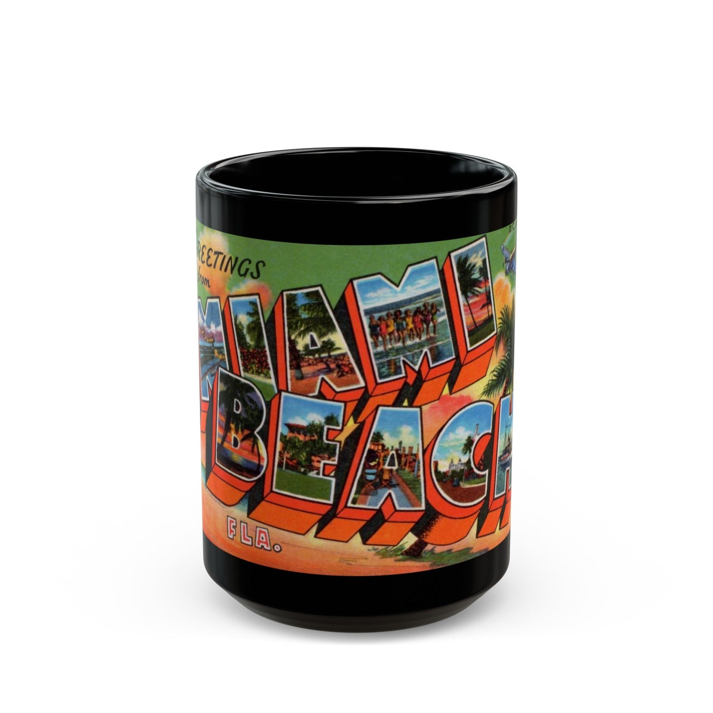 Greetings from Miami Beach Fla (Greeting Postcards) Black Coffee Mug-15oz-The Sticker Space