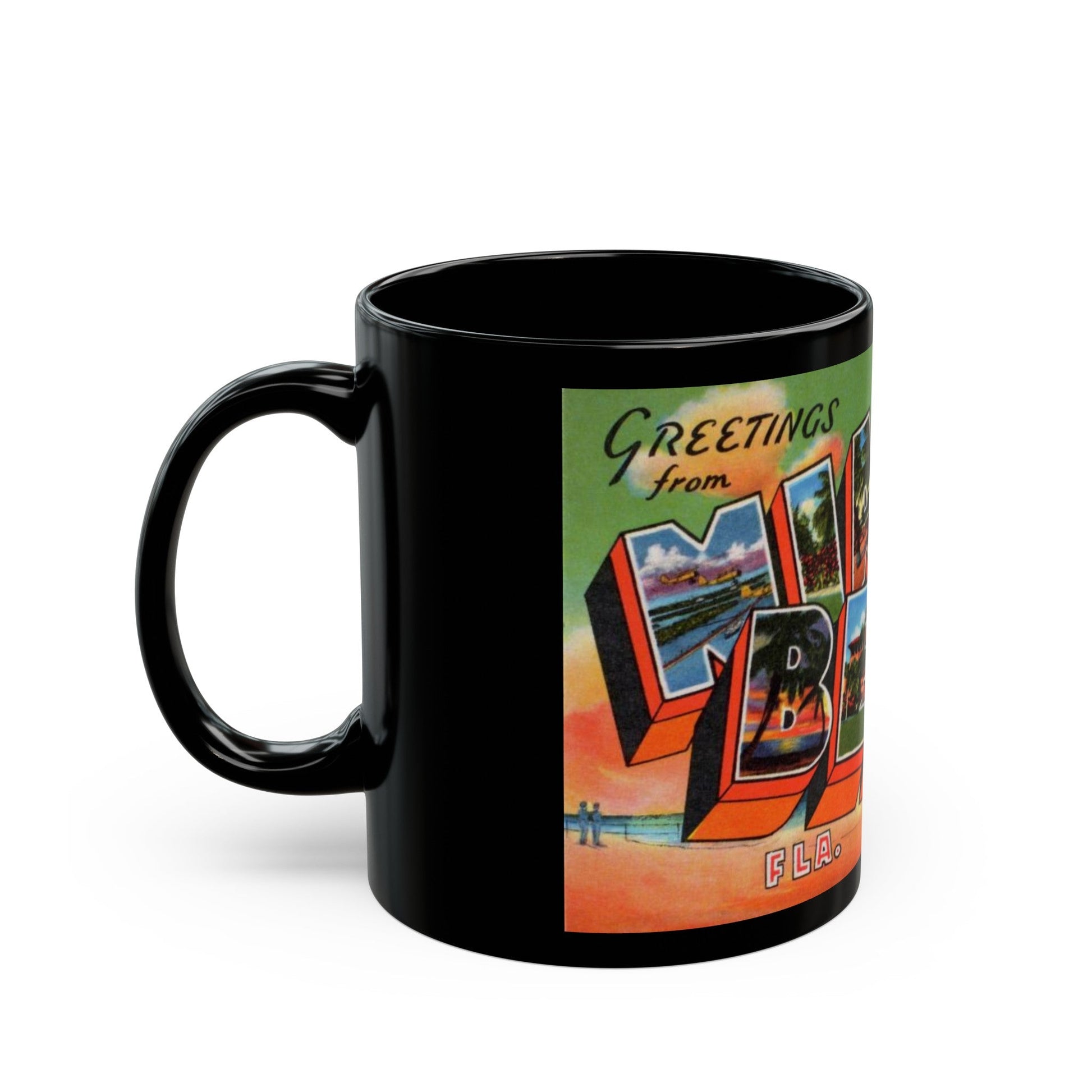 Greetings from Miami Beach Fla (Greeting Postcards) Black Coffee Mug-The Sticker Space