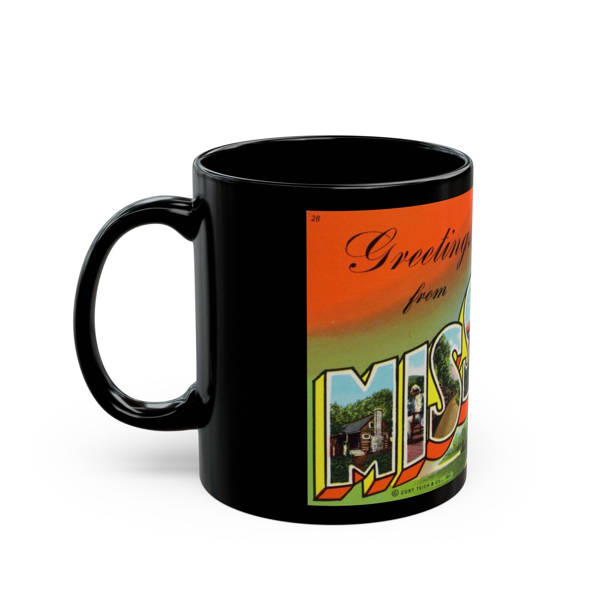 Greetings from Missouri (Greeting Postcards) Black Coffee Mug-The Sticker Space