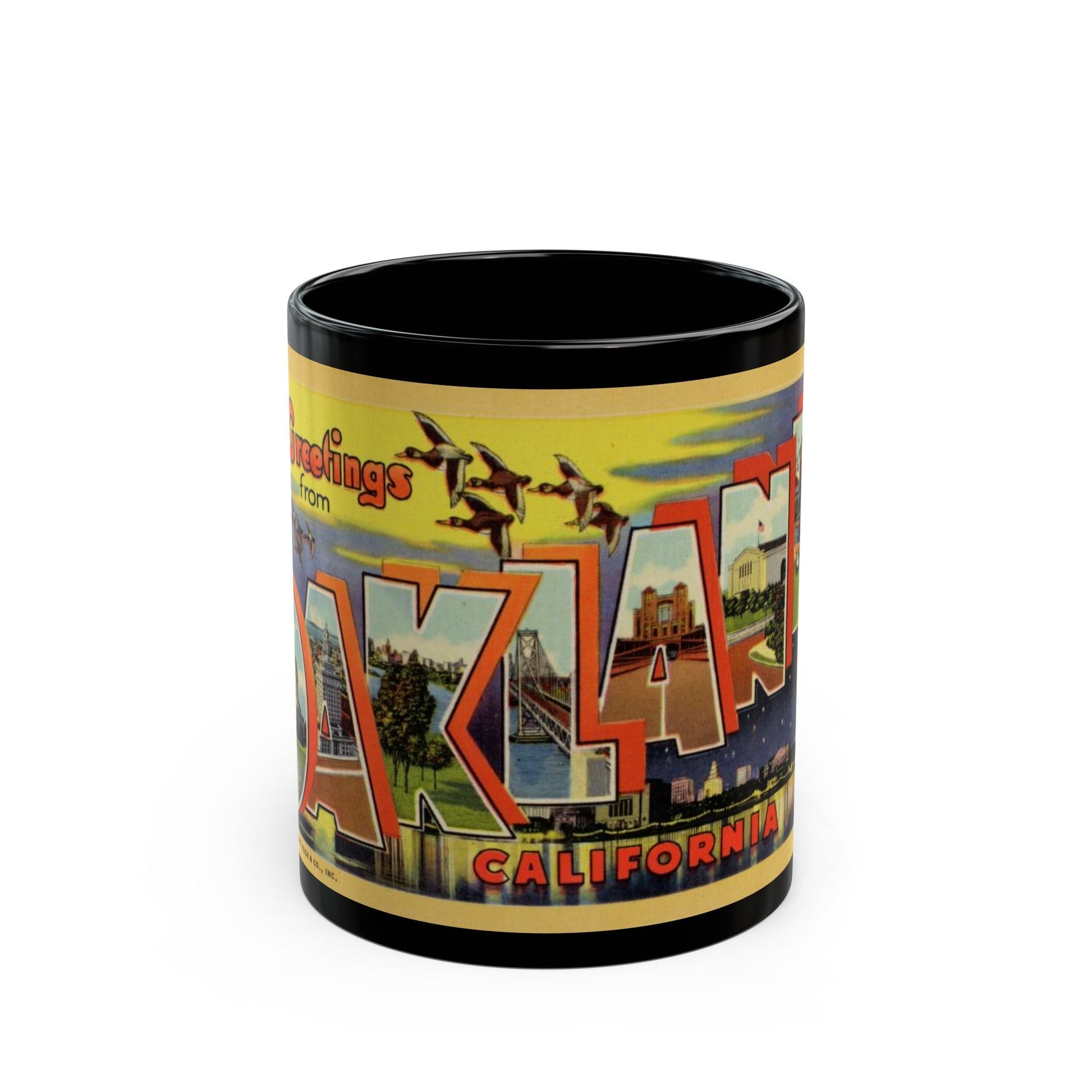 Greetings from Oakland California (Greeting Postcards) Black Coffee Mug-11oz-The Sticker Space