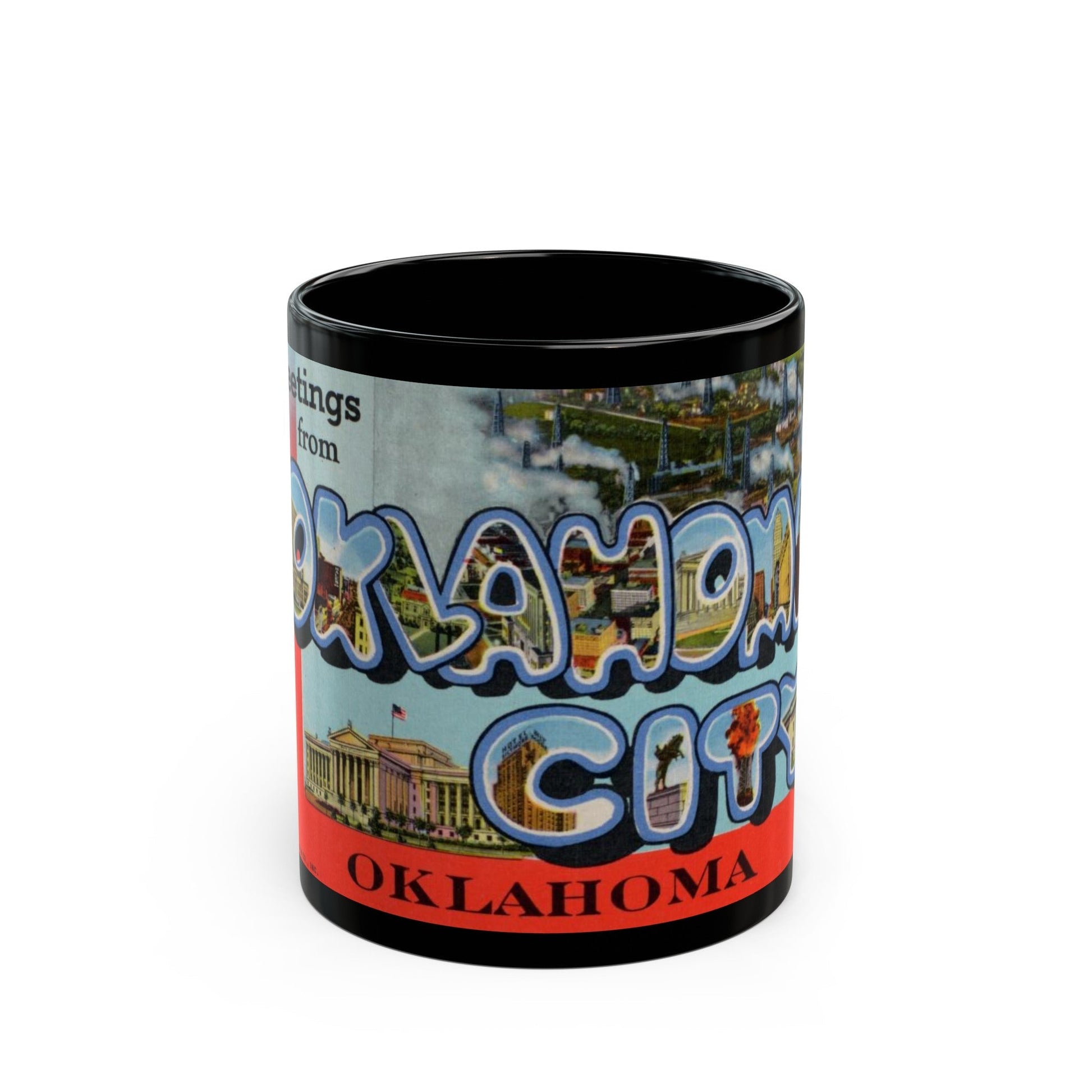 Greetings from Oklahoma City Oklahoma (Greeting Postcards) Black Coffee Mug-11oz-The Sticker Space