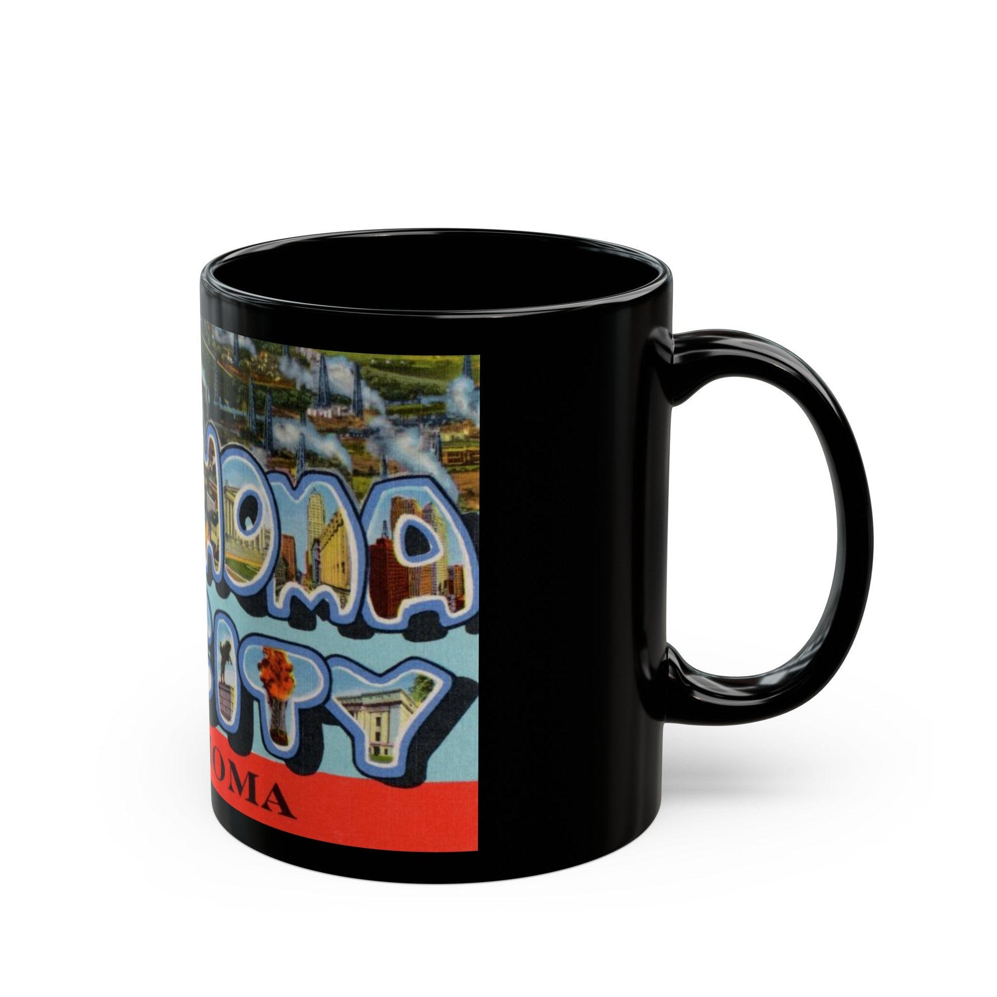 Greetings from Oklahoma City Oklahoma (Greeting Postcards) Black Coffee Mug-The Sticker Space