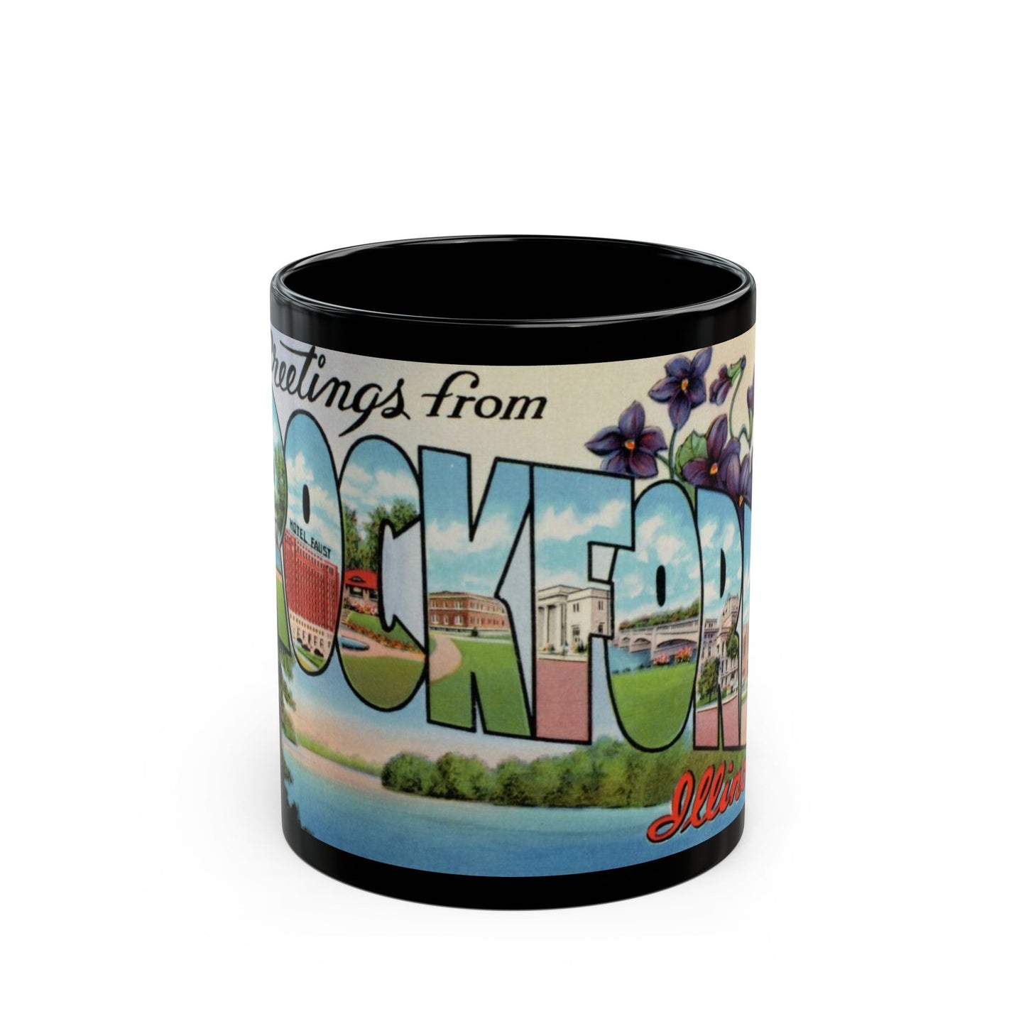 Greetings from Rockford Illinois (Greeting Postcards) Black Coffee Mug-11oz-The Sticker Space