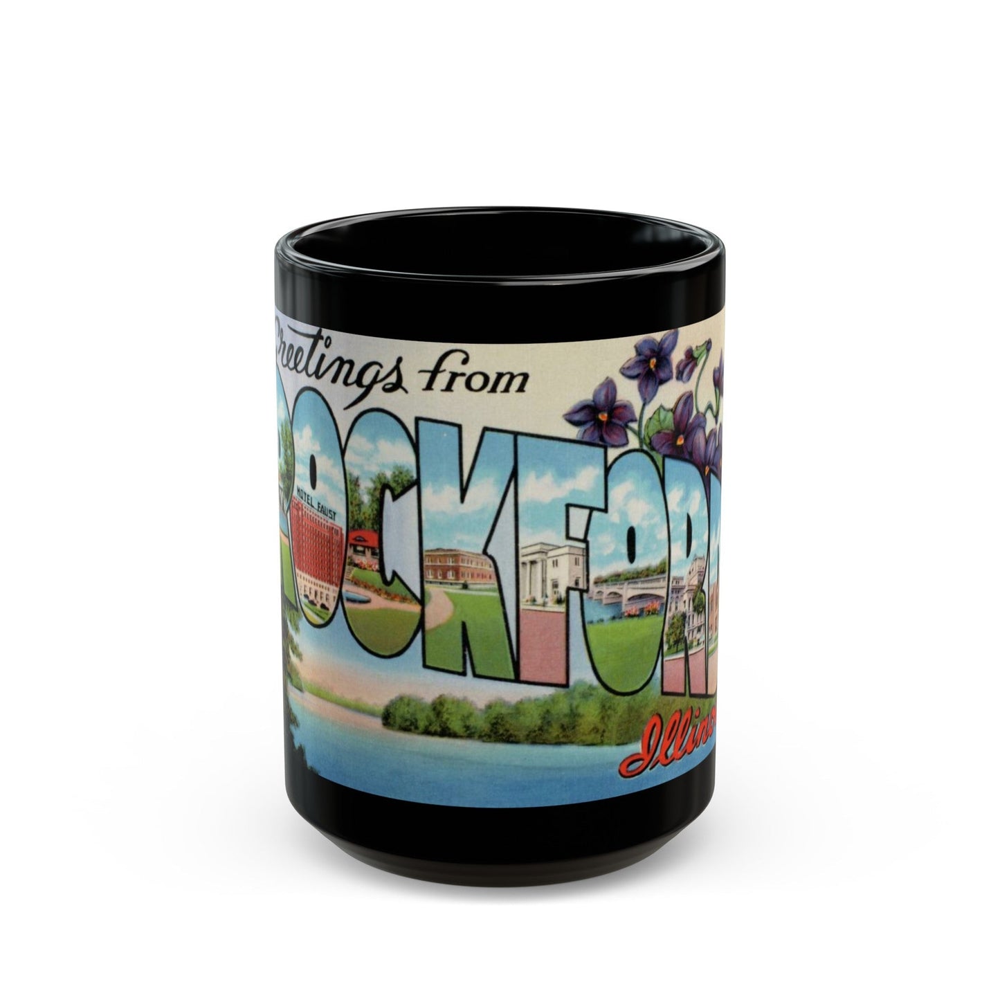 Greetings from Rockford Illinois (Greeting Postcards) Black Coffee Mug-15oz-The Sticker Space