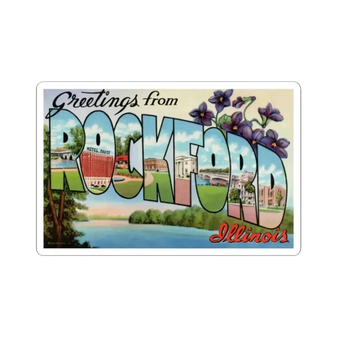 Greetings from Rockford Illinois (Greeting Postcards) STICKER Vinyl Kiss-Cut Decal 2 Inch White - The Sticker Space