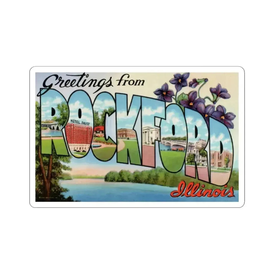 Greetings from Rockford Illinois (Greeting Postcards) STICKER Vinyl Kiss-Cut Decal 4 Inch White - The Sticker Space