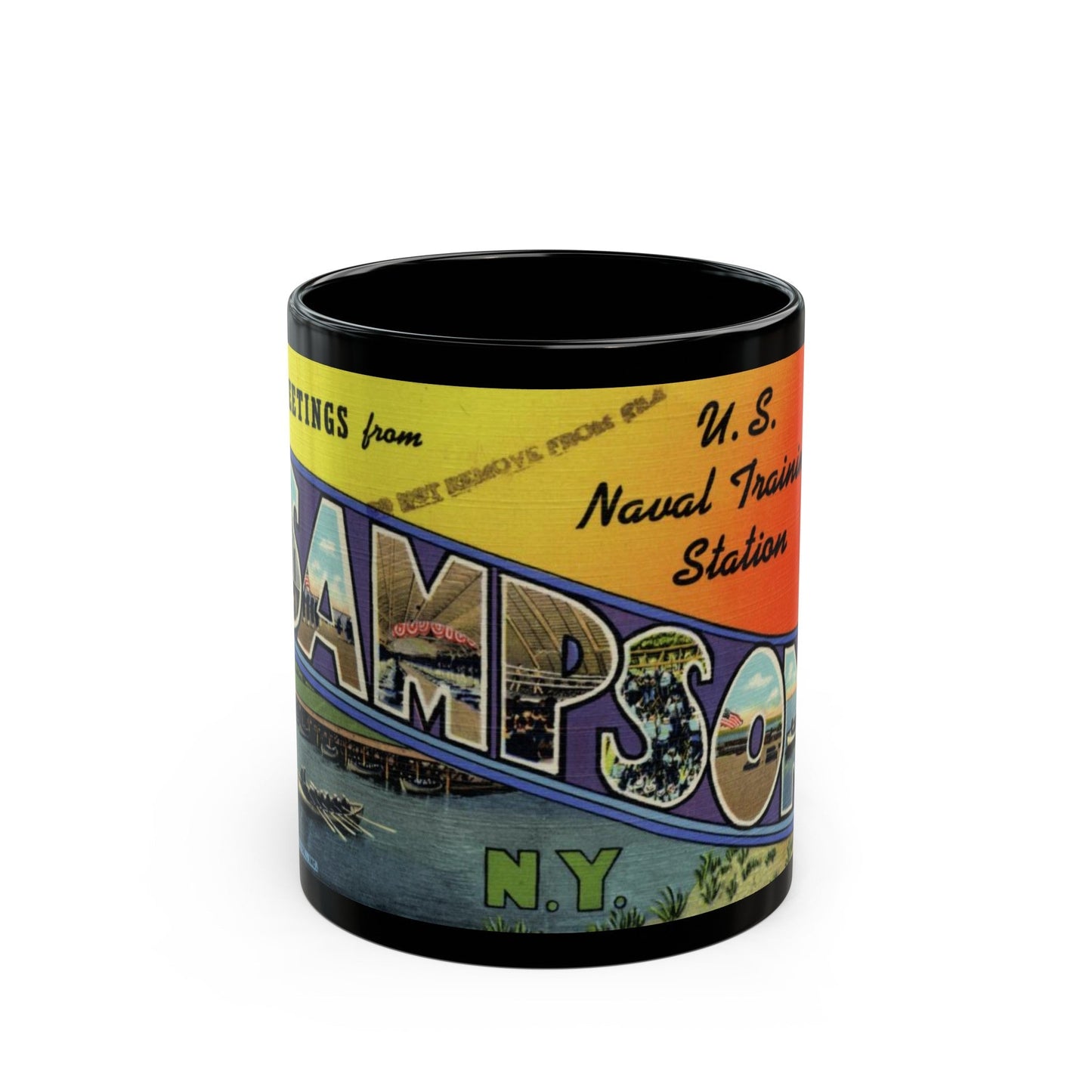 Greetings from Sampson NY (Greeting Postcards) Black Coffee Mug-11oz-The Sticker Space