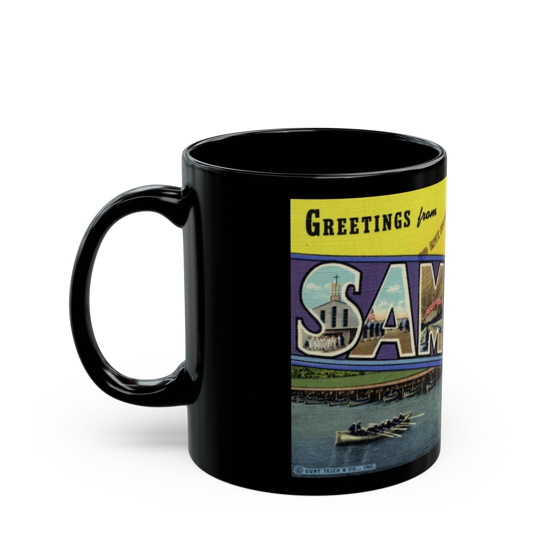 Greetings from Sampson NY (Greeting Postcards) Black Coffee Mug-The Sticker Space