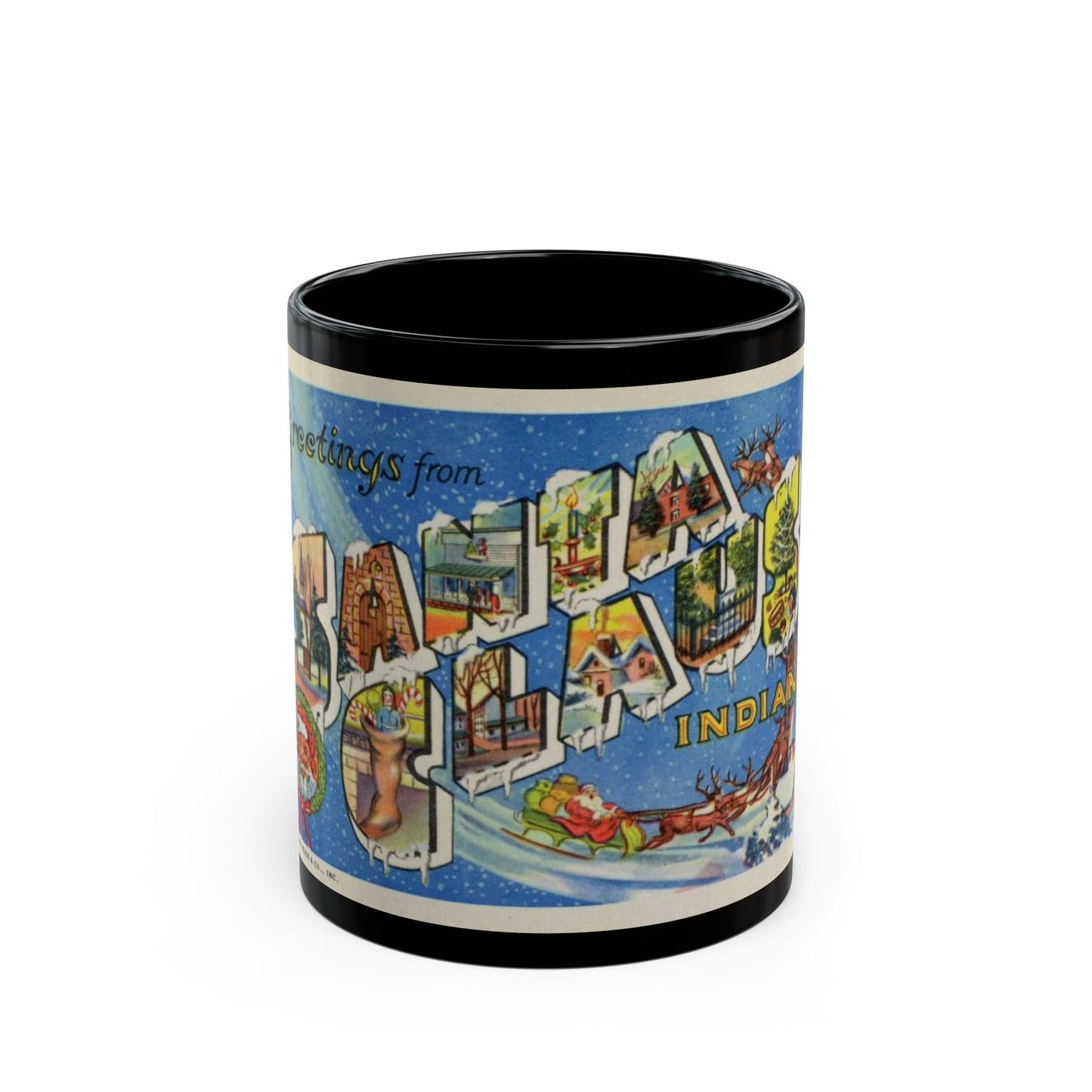 Greetings from Santa Claus Indiana (Greeting Postcards) Black Coffee Mug-11oz-The Sticker Space