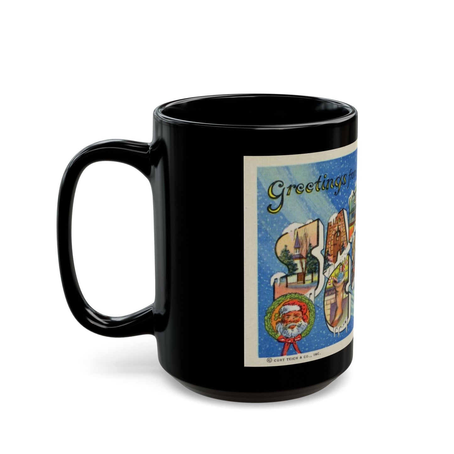 Greetings from Santa Claus Indiana (Greeting Postcards) Black Coffee Mug-The Sticker Space