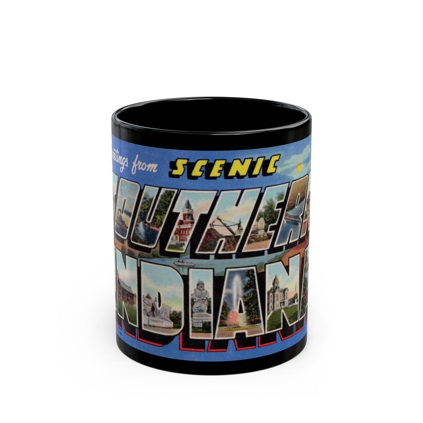 Greetings from scenic Southern Indiana (Greeting Postcards) Black Coffee Mug-11oz-The Sticker Space