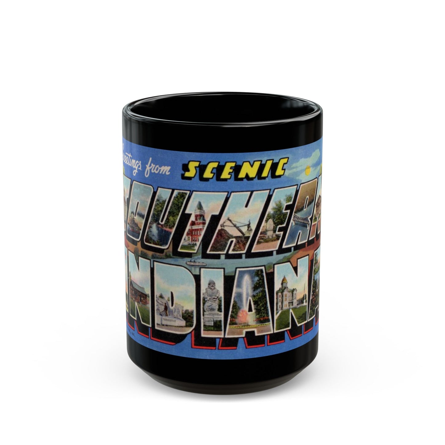 Greetings from scenic Southern Indiana (Greeting Postcards) Black Coffee Mug-15oz-The Sticker Space