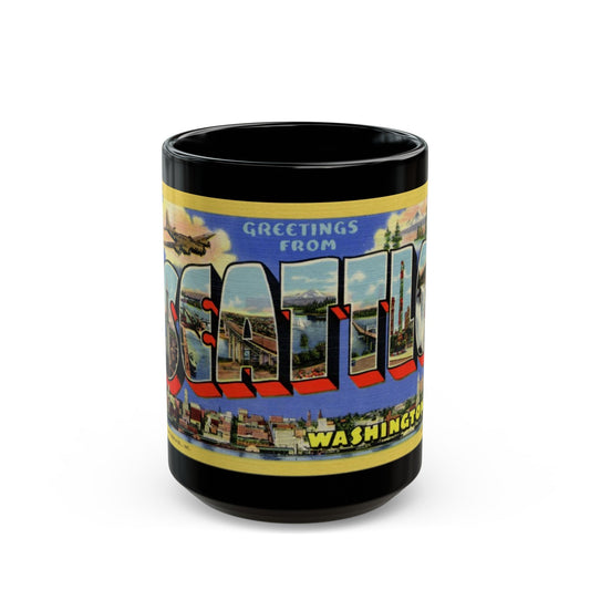 Greetings from Seattle Washington (Greeting Postcards) Black Coffee Mug-15oz-The Sticker Space