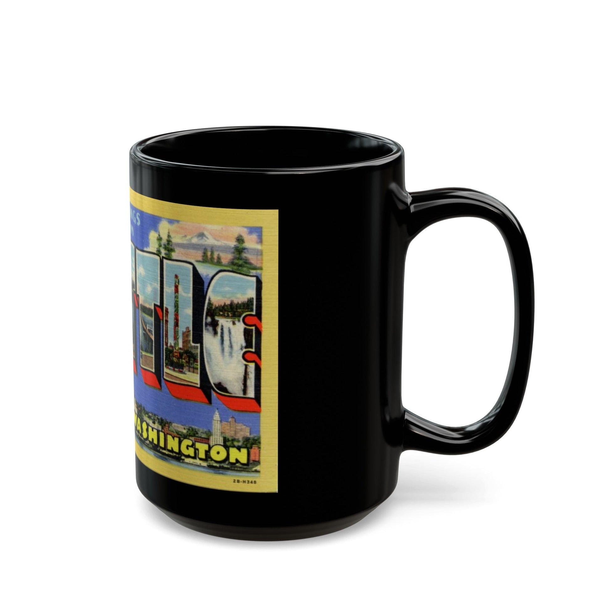 Greetings from Seattle Washington (Greeting Postcards) Black Coffee Mug-The Sticker Space